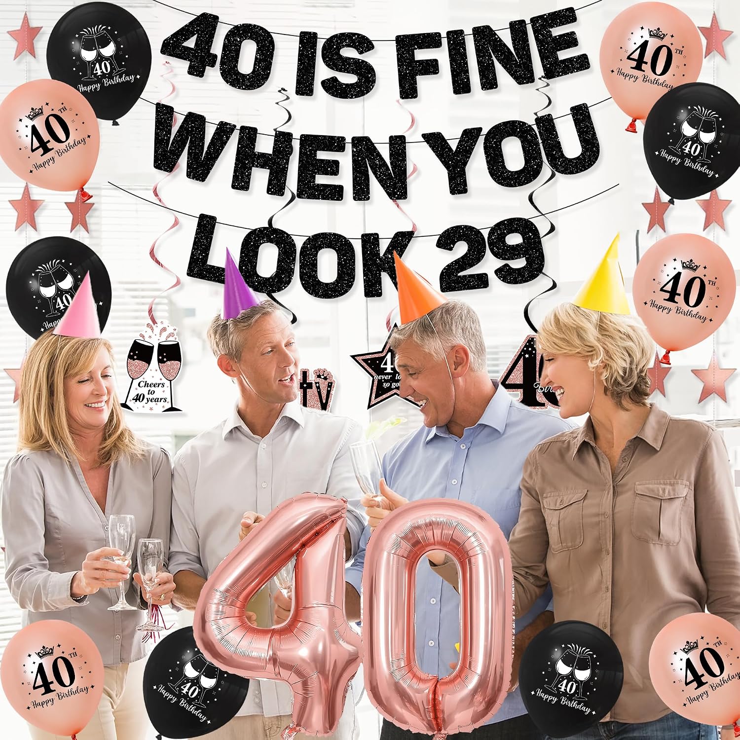 Roetyce 40th Birthday Decorations Women, Rose Gold 40 Is Fine When You Look 29 Banner Balloons Centerpieces Cake Topper, Pink 40th Birthday Party Supplies for Her, 40 Years Old Party Photo Backdrop