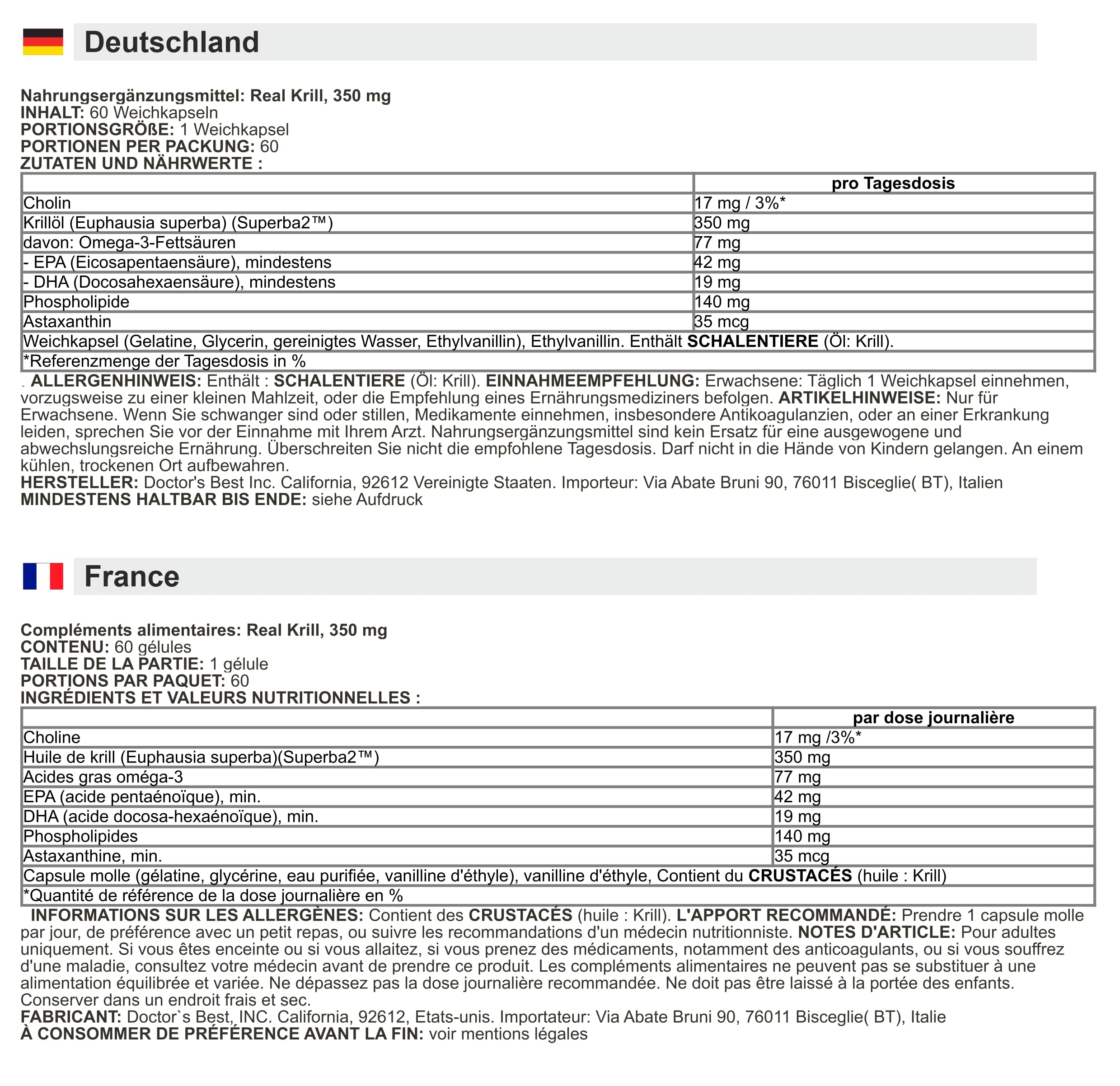 Doctor's Best - Real Krill 350mg | Soutien naturel pour la santé cardiaque et articulaire - 60 capsules
