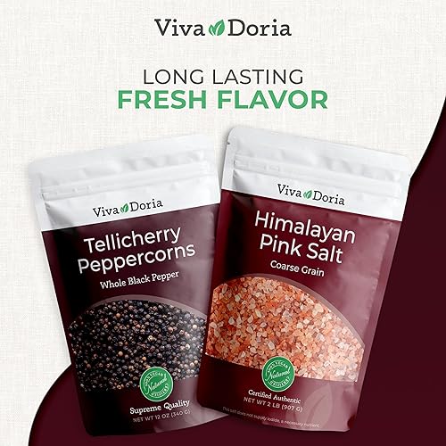 Miniatura 7 de Viva Doria Tellicherry Peppercorn (pimienta negra entera) 12 oz y sal rosa del Himalaya (grano grueso) 2 lb para recambios de molinillo