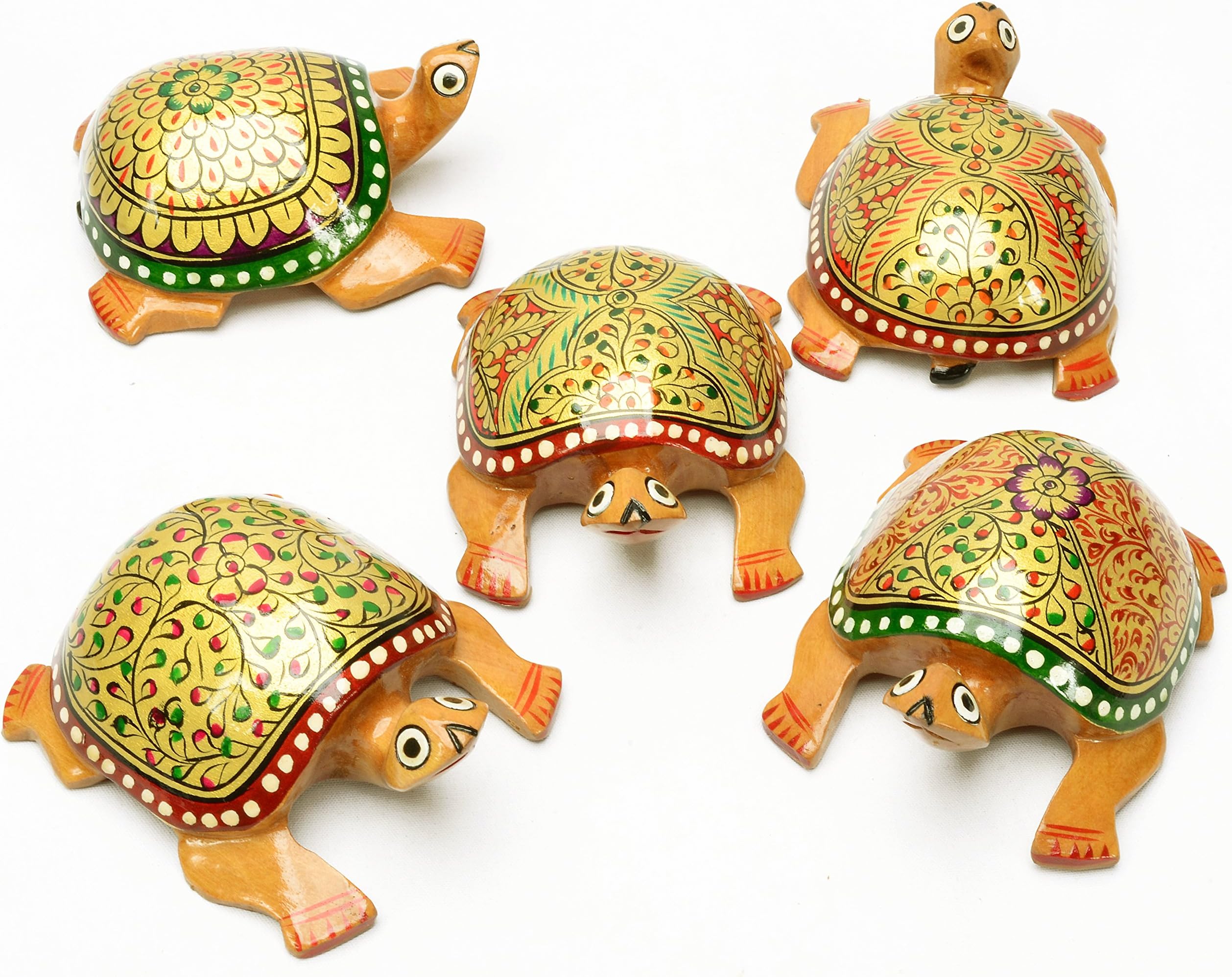 Lot 5 pcs Enamel Painted Unusual Wood Carved Turtle Tortoise Indian Craft Decor