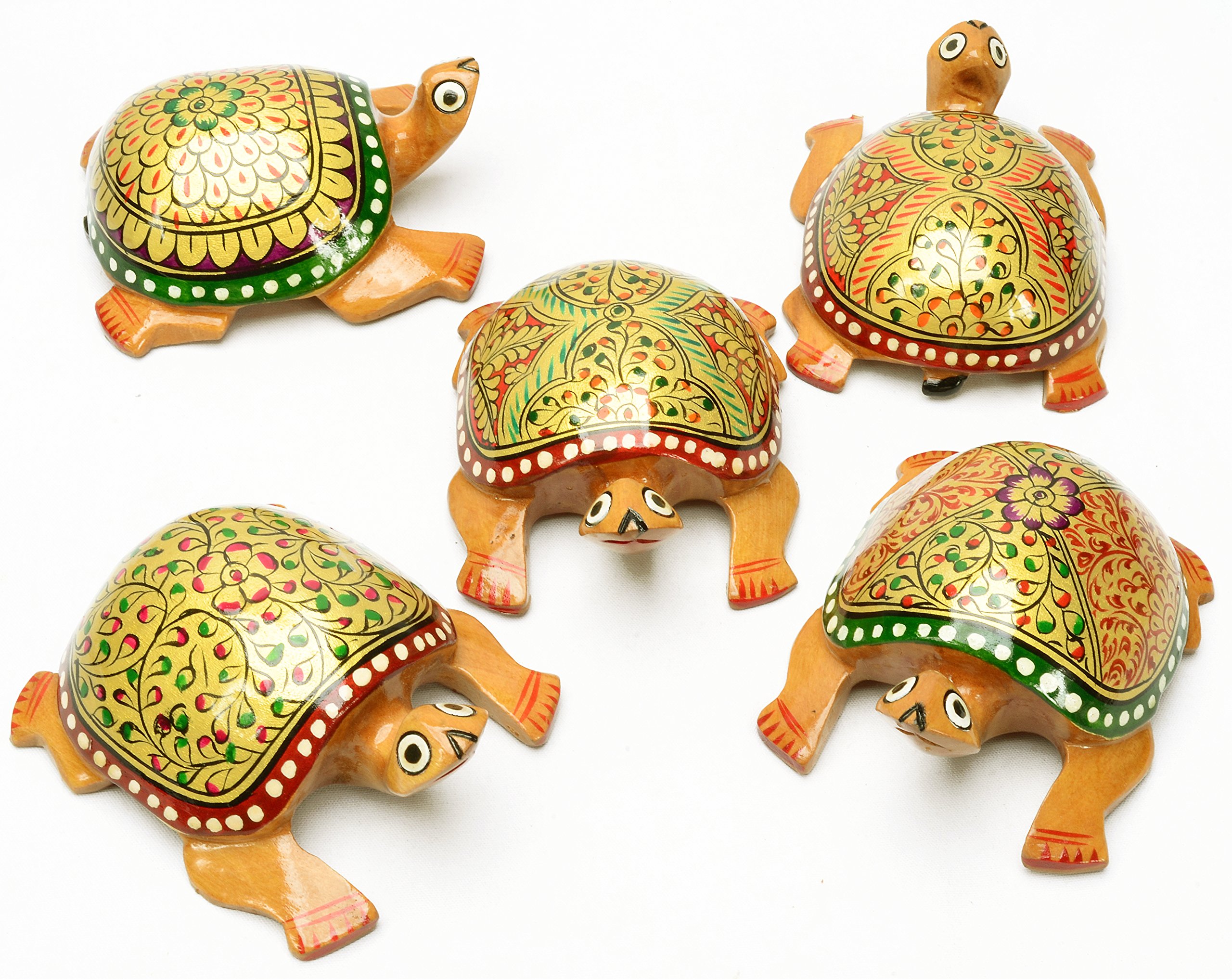 Lot 5 pcs Enamel Painted Unusual Wood Carved Turtle Tortoise Indian Craft Decor