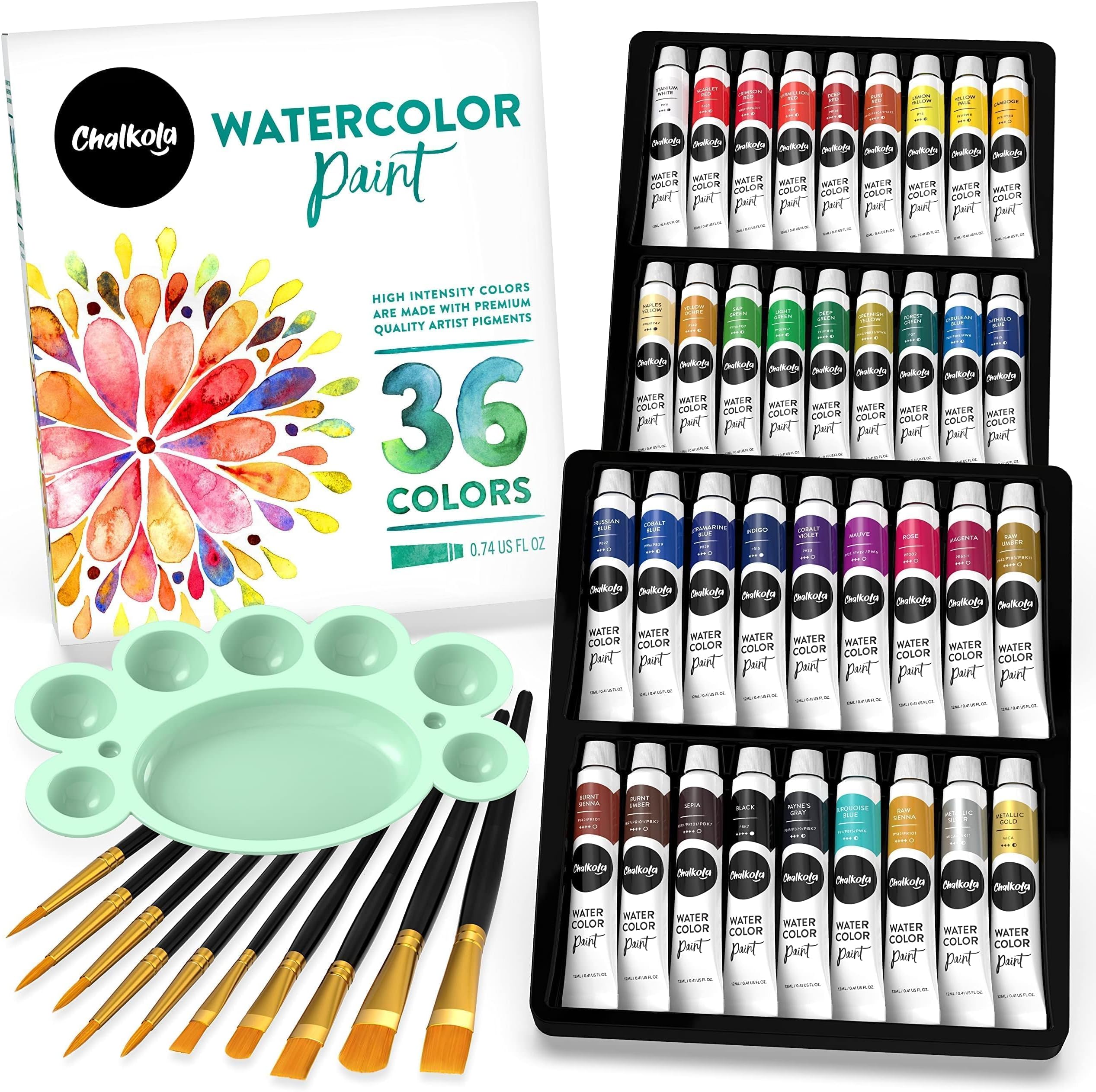 Chalkola Watercolor Paint Set for Adults & Professional Artists - 36 Watercolor Tubes Set (12ml, 0.4oz), 10 Painting Brushes & 1 Palette | Vibrant Water Color Art Painting Supplies