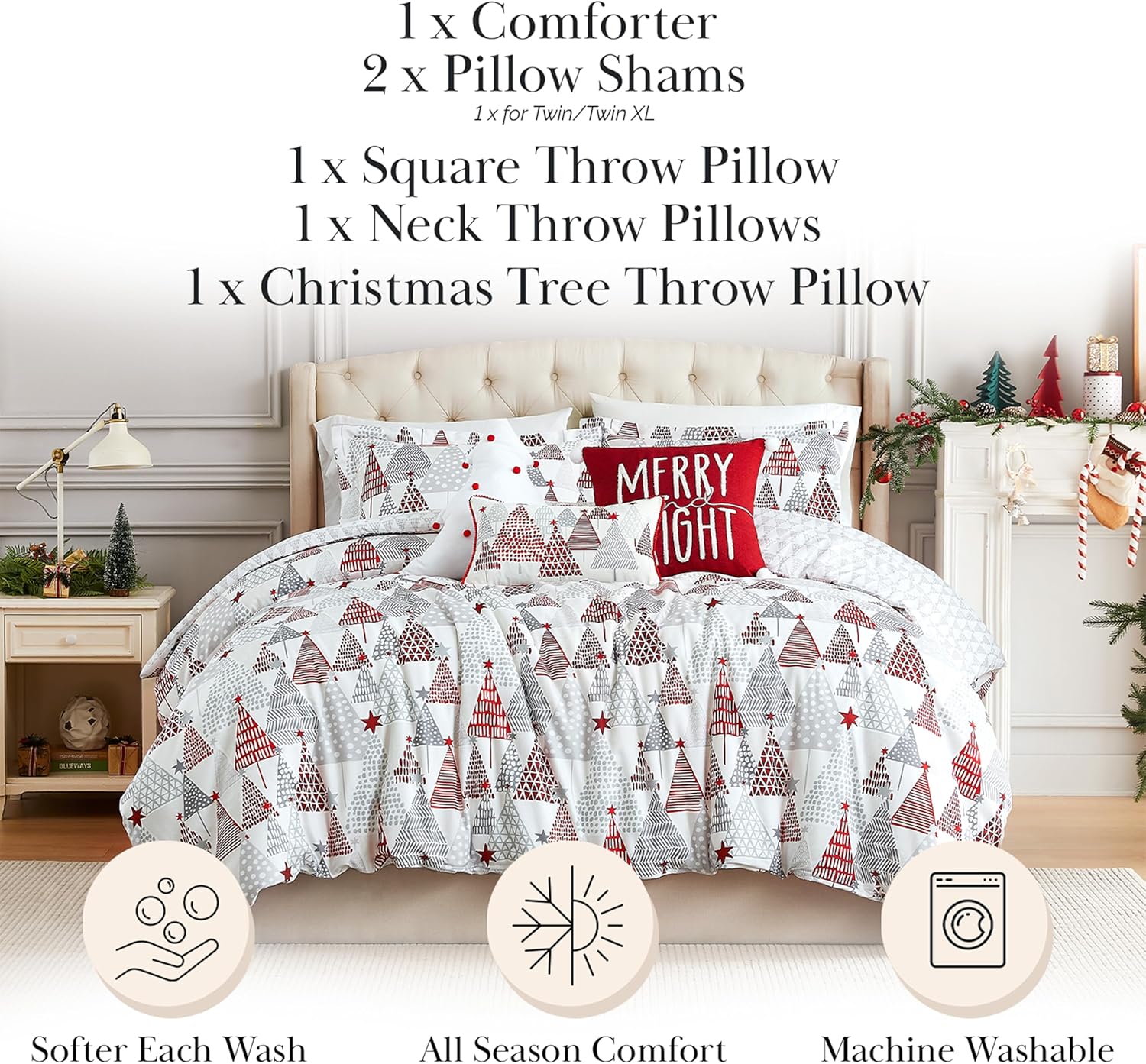 Southshore Fine Living, Inc. 6-Piece Christmas Comforter Set Queen, Reversible Christmas Bedding, Winter Comforter Queen/Full, 3 Throw Pillows, 2 Shams, Holiday Bedding, Red & Grey, Merry & Bright
