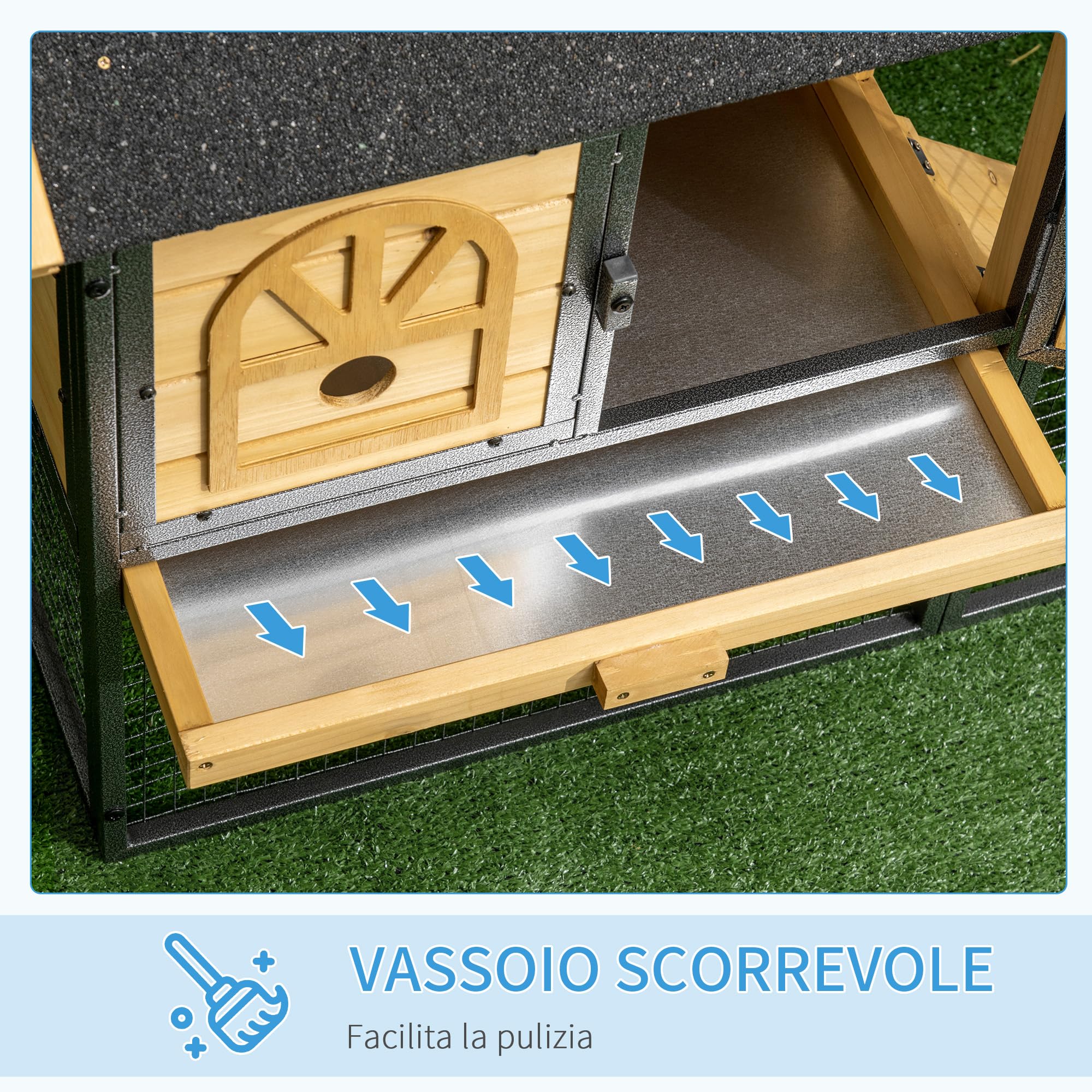 PawHut Conigliera Legno di Abete 2 Livelli 120x55.5x80 cm Gialla e Nera | Acciaio, Gabbia per Conigli, Vassoio Rimovibile, Area di Corsa