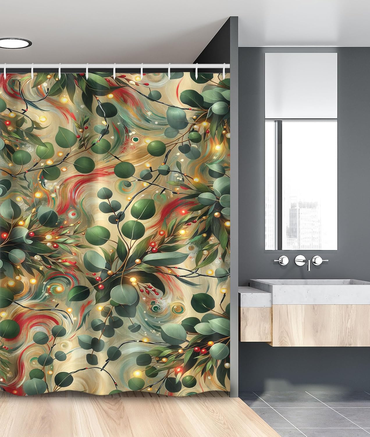 Ambesonne Christmas Stall Shower Curtain, Abstract Winter with Eucalyptus Leaves and Swirls of Peachy Xmas Back, Fabric Bathroom Decor Set with Hooks, 54" W x 78" L, Laurel Green Raspberry