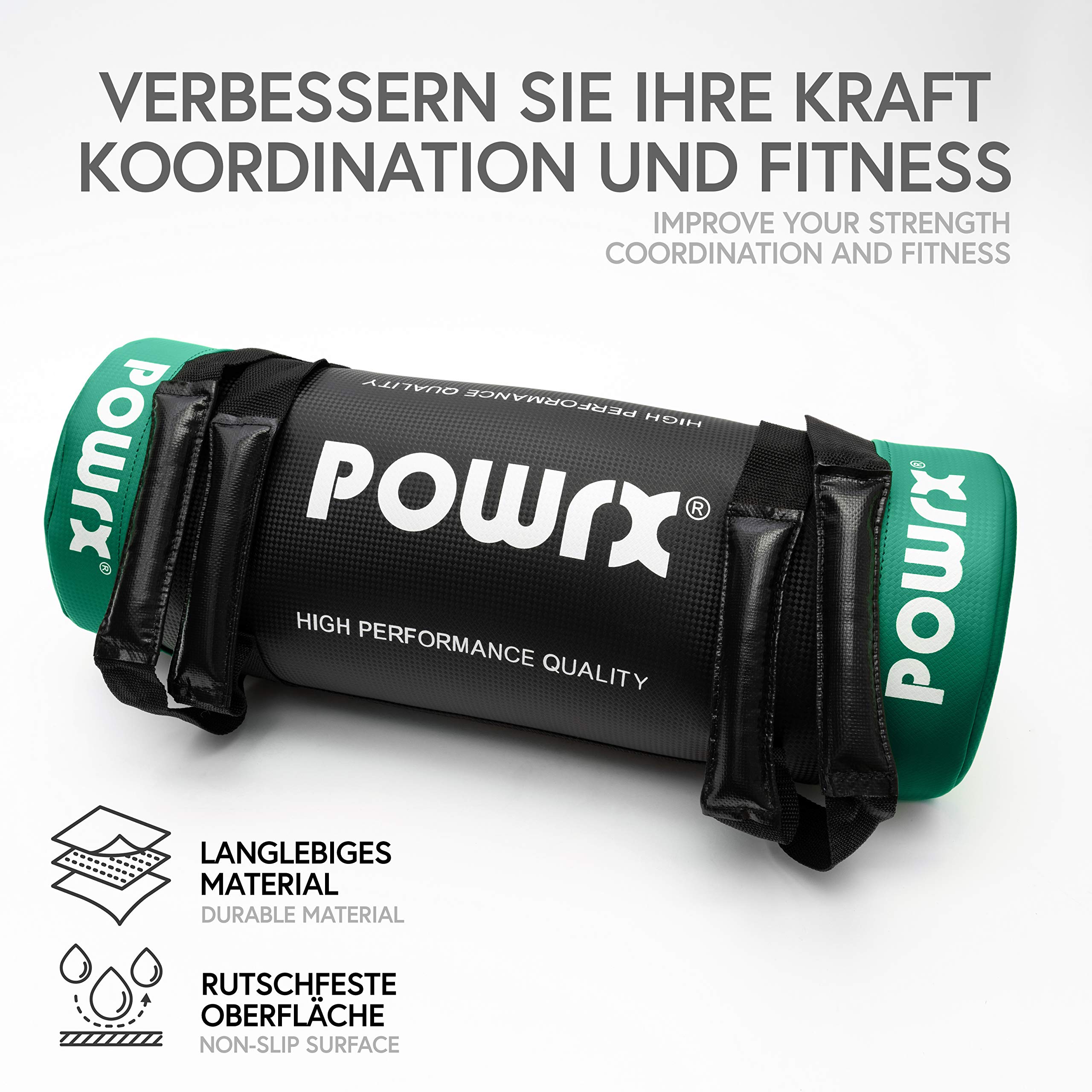 POWRX Power Bag aus Kunstleder - 5-30kg, Flexible Trainingsintensität - Kraft- und Ausdauertraining - Robust, drinnen/draußen geeignet - Inkl. Workout-Anleitung - Schwarz/Dunkelgrün