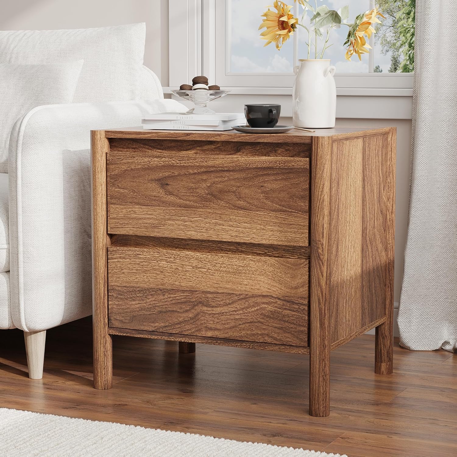 2 Pcs Nightstand Sets for Bedroom,Walnut Farmhouse Bedside Tables with 2 Drawers and 4 Sturdy Solid Wood Legs,Multifunctional Wide End Table and Dresser Chest for Sofa -Bedroom, Living Room