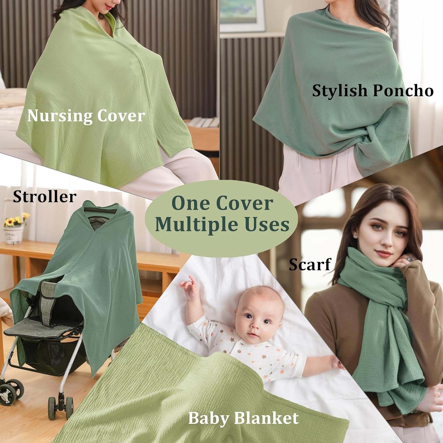 TADO MUSLIN 2-Pack Nursing Covers for Breastfeeding, 100% Organic Cotton Muslin Breastfeeding Cover, Multi-Use Nursing Scarf, Car Seat Canopy, Stroller Cover, Soft Breathable Baby Blanket Green