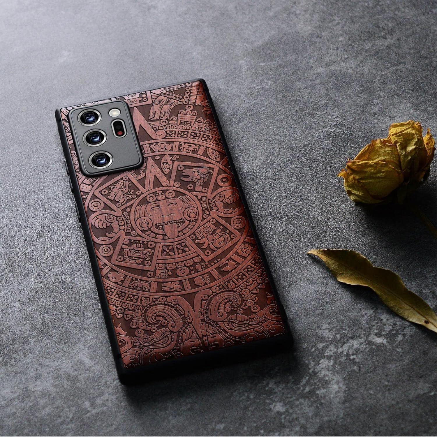 Carveit for Galaxy Note20 Ultra Case Wood Case Black Soft TPU Wooden Cover Compatible with Samsung Note20 Ultra | Hard Real Wood, Protective, Unique, Classy, Mayan Symbols Calendar-Rosy