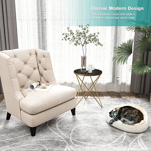 Miniatura 8 de HLR Juego de 2 mesas auxiliares redondas modernas, mesa auxiliar con parte superior de efecto mármol y marco de metal dorado, mesa auxiliar pequeña