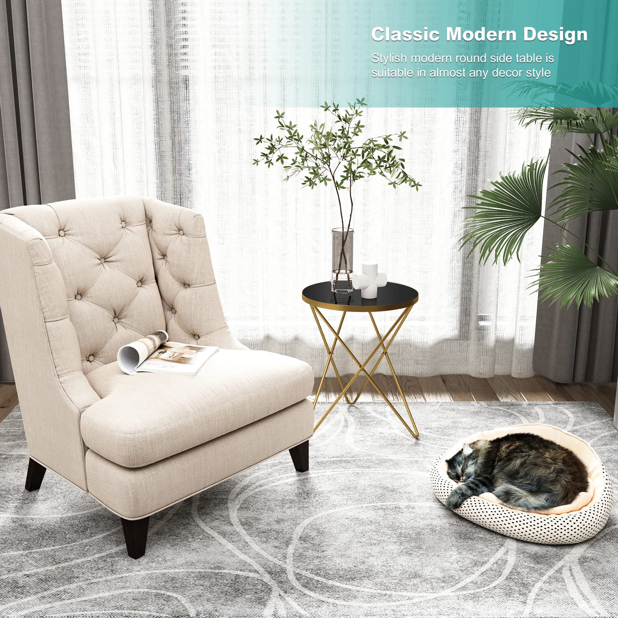 Modern Round Side Table, End Table with Marble Effect Top and Gold Metal Frame, Small Side Table for Living Room, Bedroom, Sofa and Couch, Gold Legs, Black Glass top