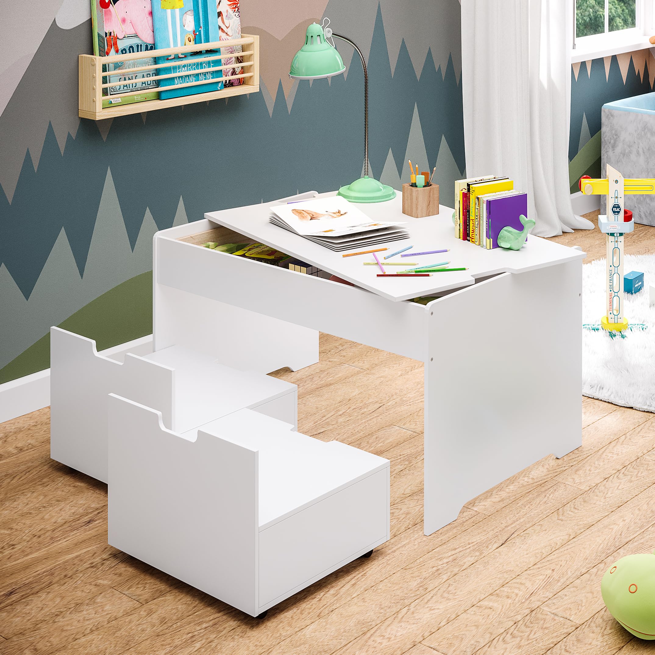 Bellabino Spieltisch Dadu mit 2 Aufbewahrungsboxen/Sitzhocker aus Holz, Kindersitzgruppe mit Stauraum weiß lackiert, Multifunktionstisch für Kinder ‎55 x 92,5 x 50 cm