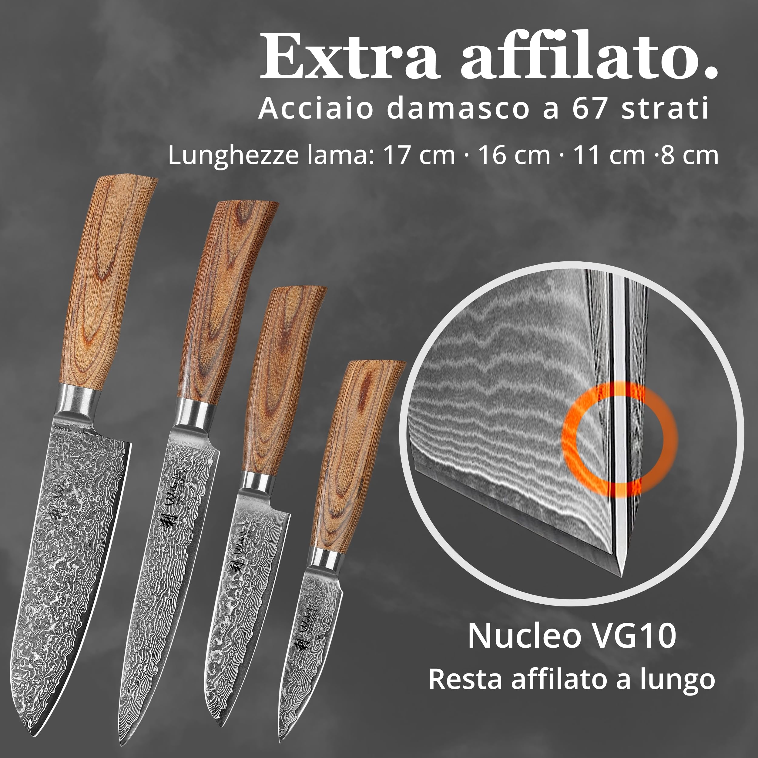 Wakoli EDIB Pro Damasco - Set di 4 coltelli da cucina in acciaio damasco a 67 strati con nucleo VG10, coltelli da chef con manici in legno pakkawood in confezione regalo