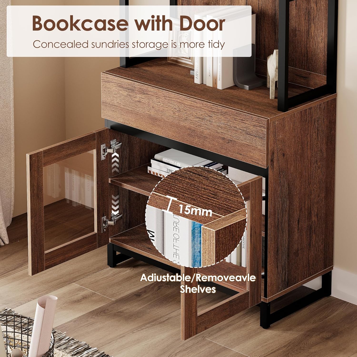 WAMPAT Modern Wall Unit TV Stand with 3 Tiers Bookshelf, Farmhouse Entertainment Center with 4 Drawers and Adjustable Shelf, Wooden Media TV Console with Glass Doors for Living Room, Brown