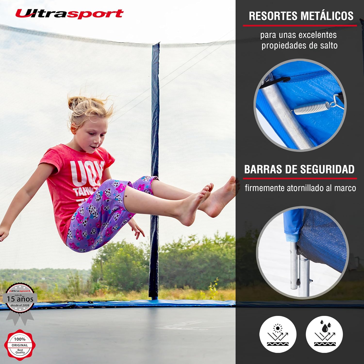 Child jumping on the trampoline, showing the metal springs and safety bars.