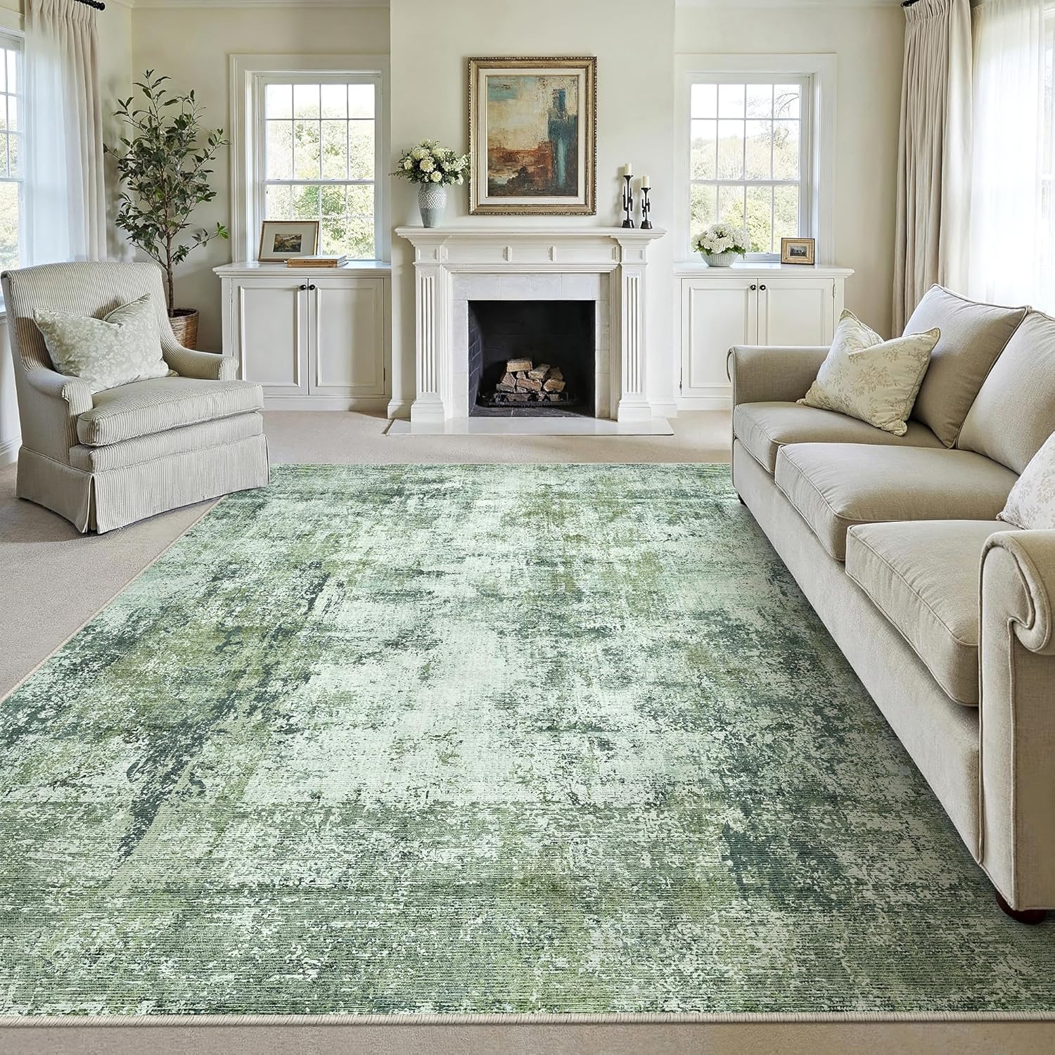 8x10 Washable Area Rug Dark Green Abstract Living Room Bedroom Carpet Neutral Modern Non-Slip Soft Low Pile Lightweight Vacuumable Large Throw Rug for Dining Room
