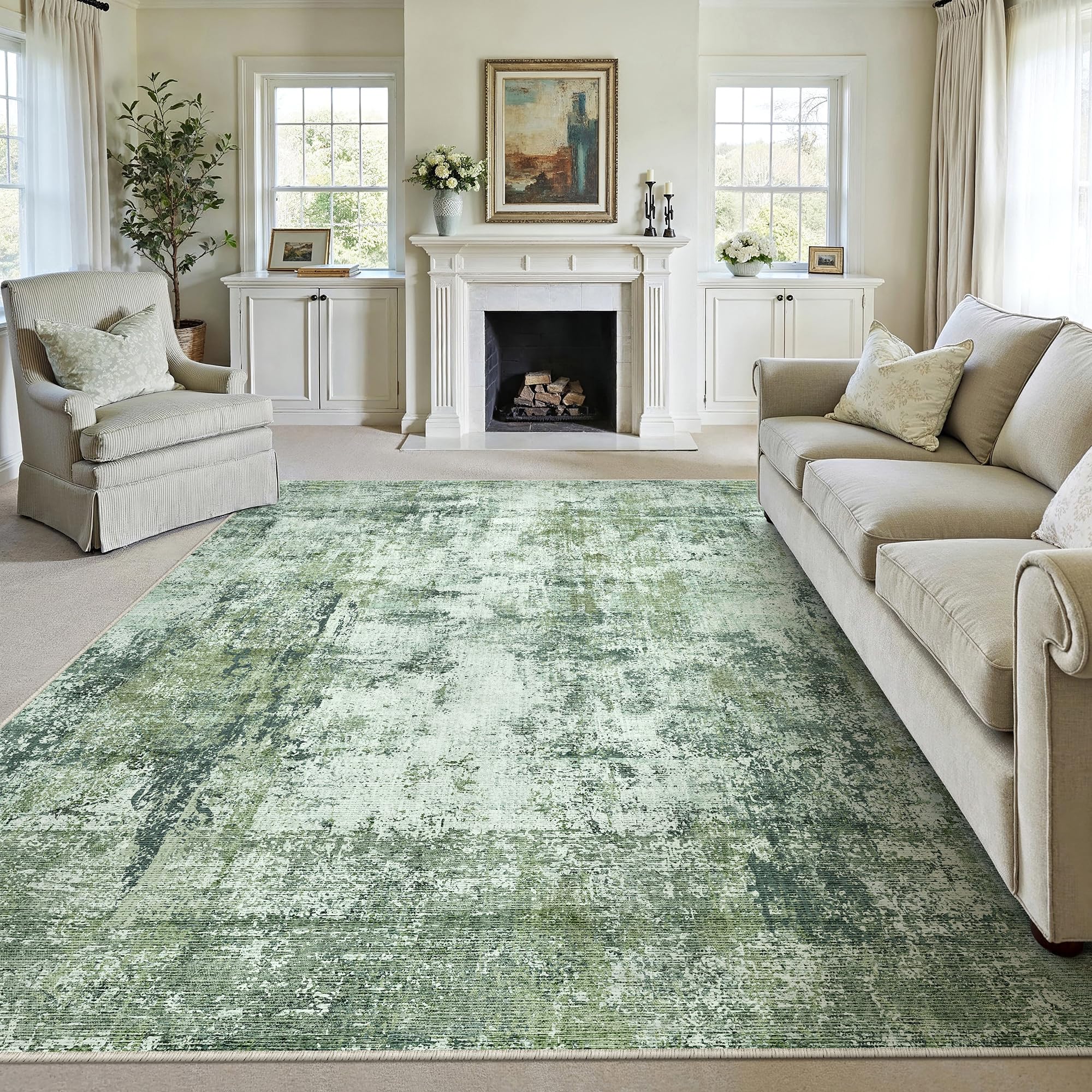 HUGEAR Washable Rugs Living Room Rug 180x270cm Green Non Slip Abstract Natural Neutral Modern Large Carpet Bedroom Kitchen Hall Lounge Bedside Low Pile Carpets