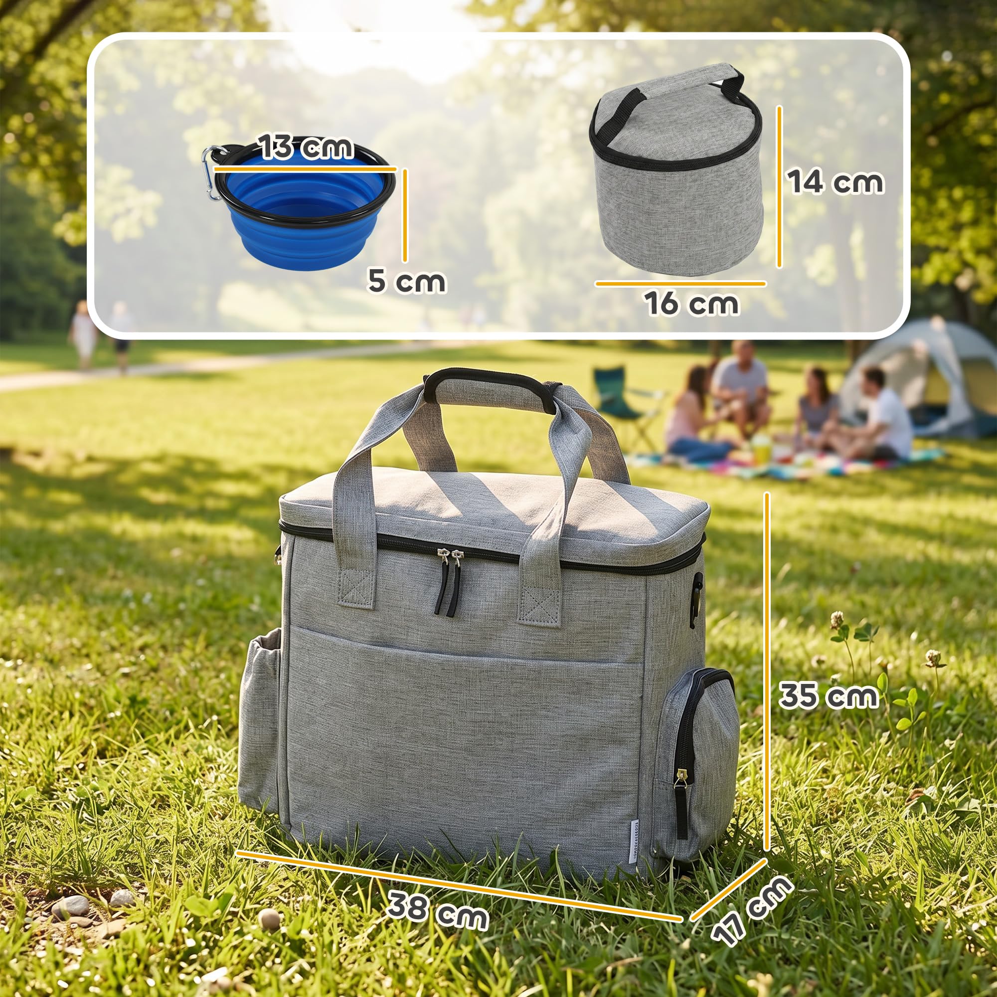 PawHut Sac de Transport pour Chien et Chat, Sac de Voyage pour Chien avec Poches, 2 Sacs à Nourriture, Bol Pliable en Silicone, Séparateur Réglable, Sac à Friandises pour Chien Chat, Gris Clair