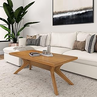 Plank+Beam Cross Leg Rectangular Coffee Table, 48 Inch Wood Coffee Table for Living Room, Modern Center Table, Cocktail Table, Pecan