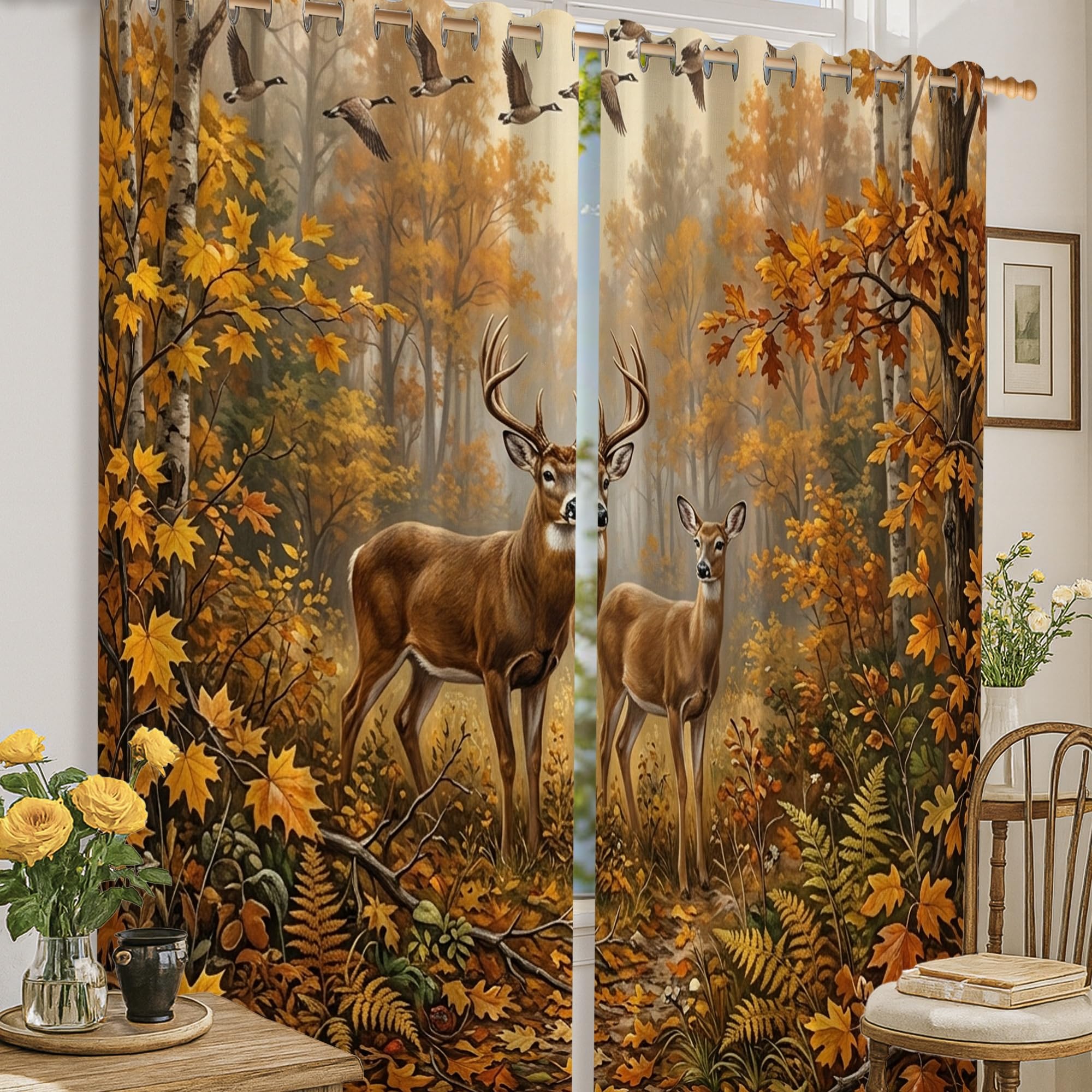 Rideaux occultants cerf et automne marron 132x183cm pour salon