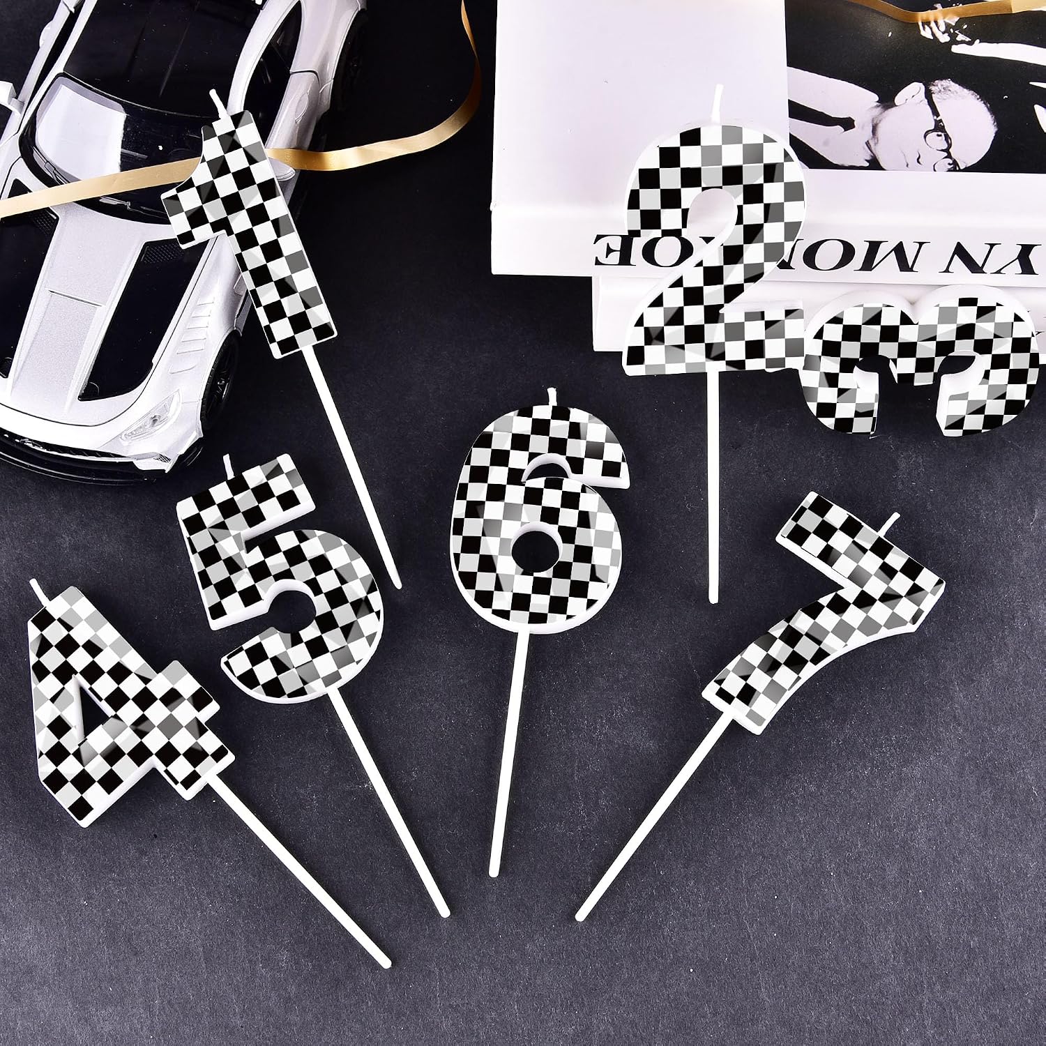 2.76 Inch Number 4 Racing Modern Birthday Candles, Black and White Stripes Number Candles, Cake Number Candles, Party Celebration, Style Candle