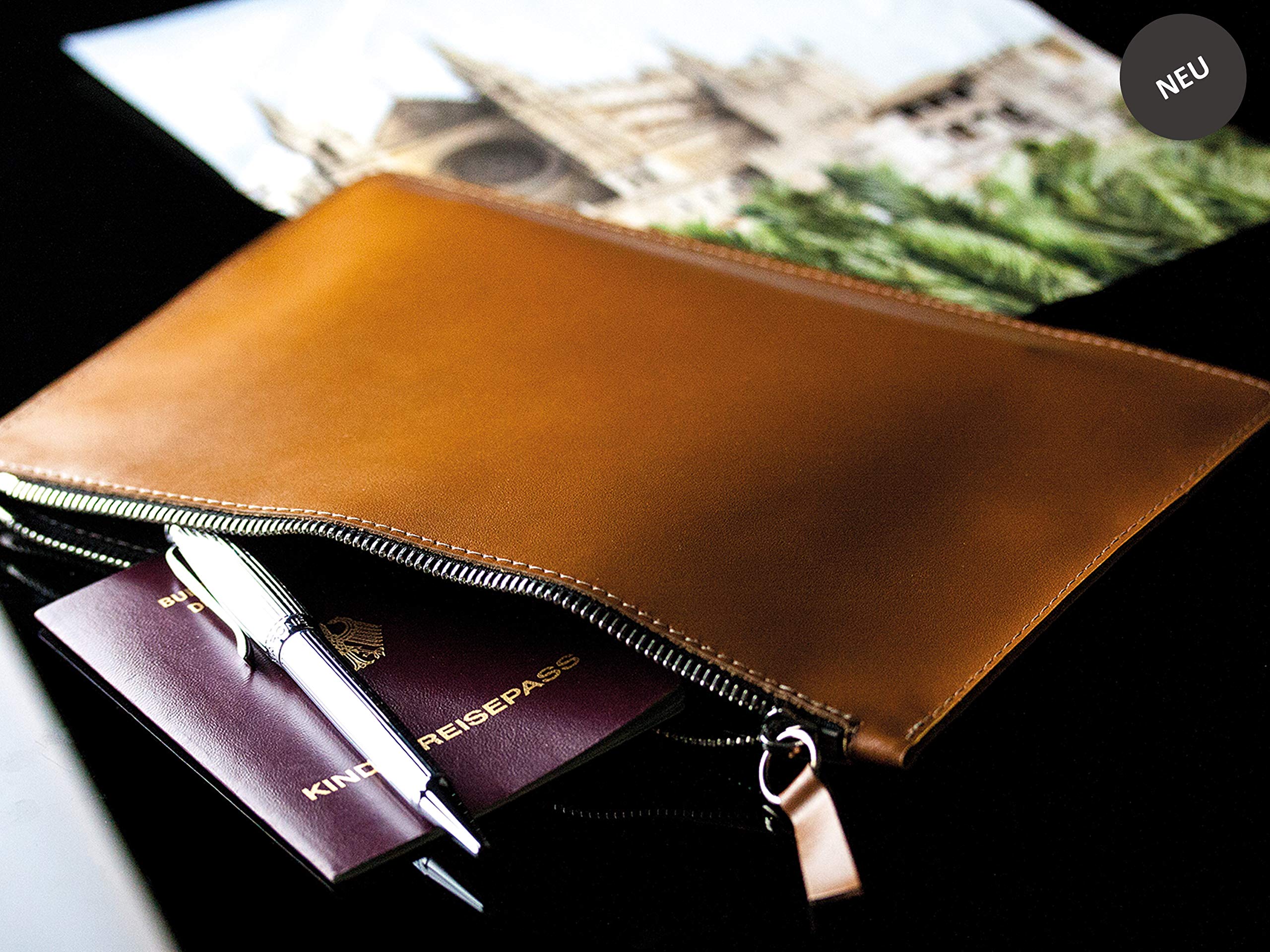 DELMON VARONE - Personalisierbare Banktasche mit Reißverschluss DIN A5 aus Boxcalf Leder Braun, Premium Geldtasche für Geldscheine, Münzen und Dokumente, Damen und Herren Echtleder Dokumententasche