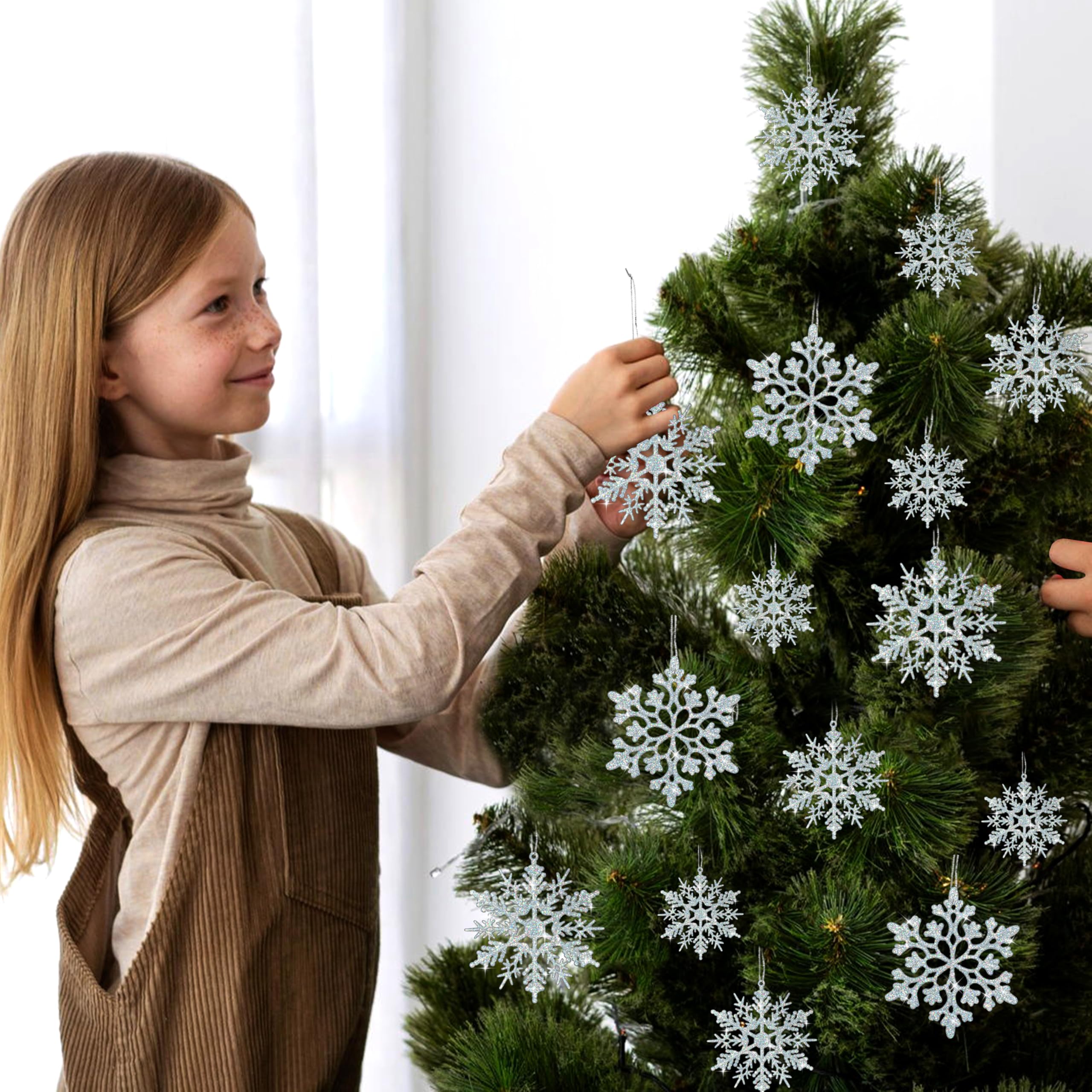 36 Stück schillernde silberne Weihnachts-Schneeflocken-Ornamente, Kunststoff funkelnde Glitzer-hängende Schneeflocken für Weihnachtsbaumschmuck, Winterwunderland, Frozengeburtstag, Party, Urlaub