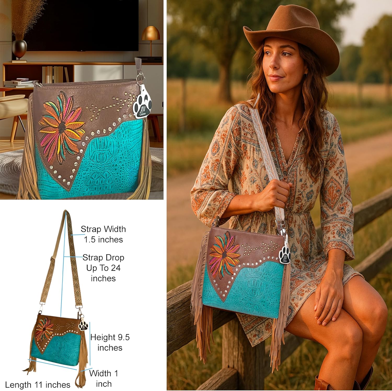 HW Collection Western Fringe Crossbody Purse Women Vegan Leather Boho Bag Cowgirl Shoulder Handbag Embroidered Flower