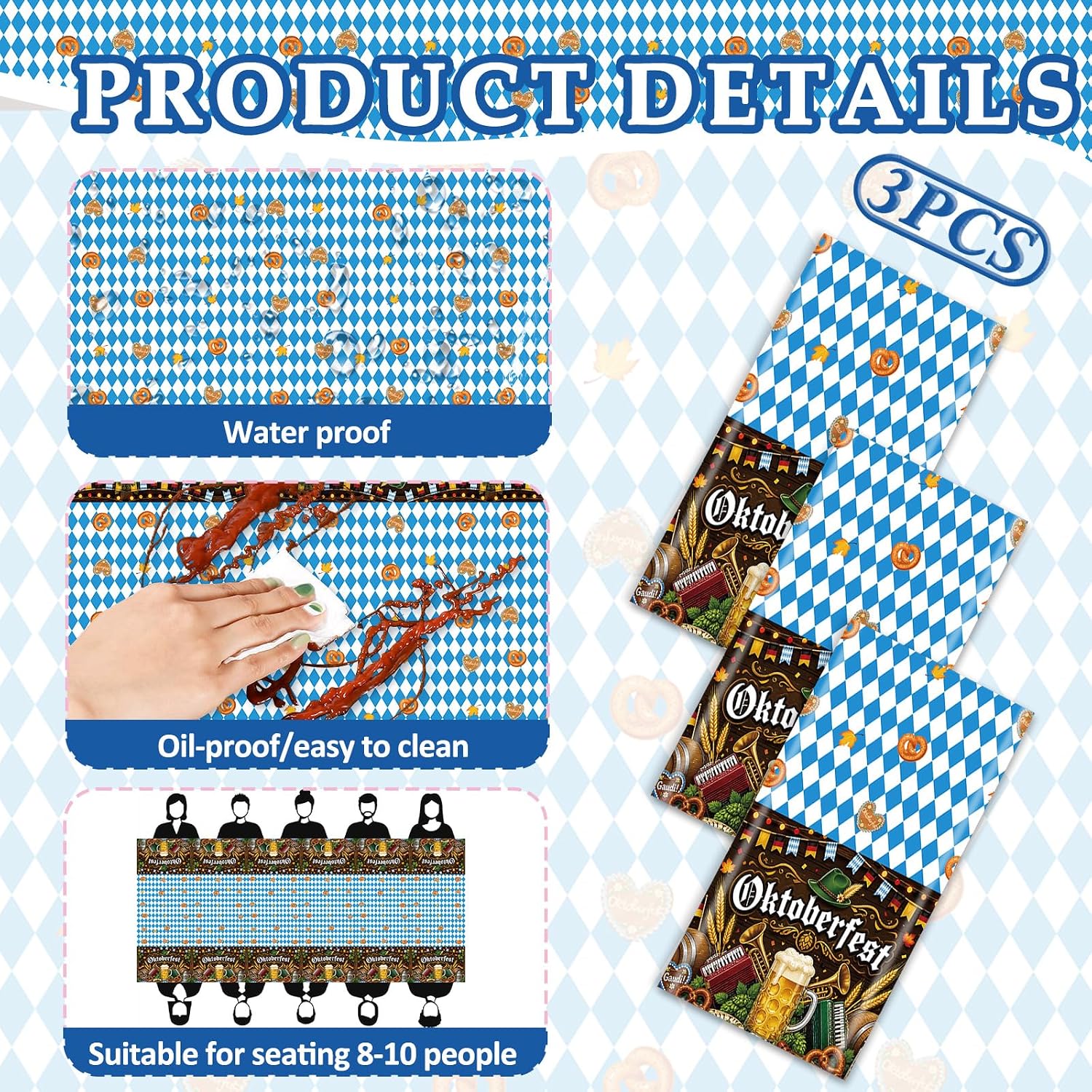 3 Pcs Oktoberfest Plastic Tablecloths, Blue and White Flag Check Disposable Table Cover Decorations, German Bavarian Oktoberfest Beer Festival Party Supplies, 108x54 Inch