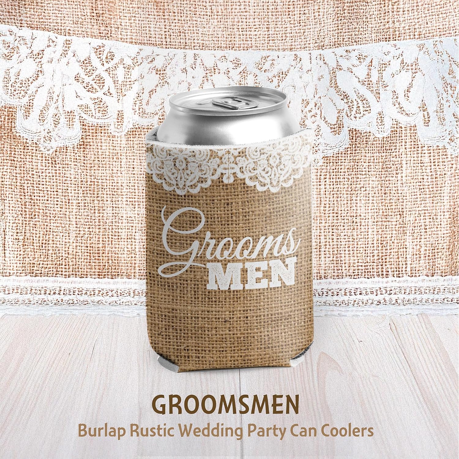 VictoryStore Burlap Rustic Wedding Party Can Coolers – Groomsmen Design – Set of 6 Foam Insulated Beverage Sleeves for 12-16 oz Cans & Bottles – Wedding Favors, Bachelorette Party Gifts