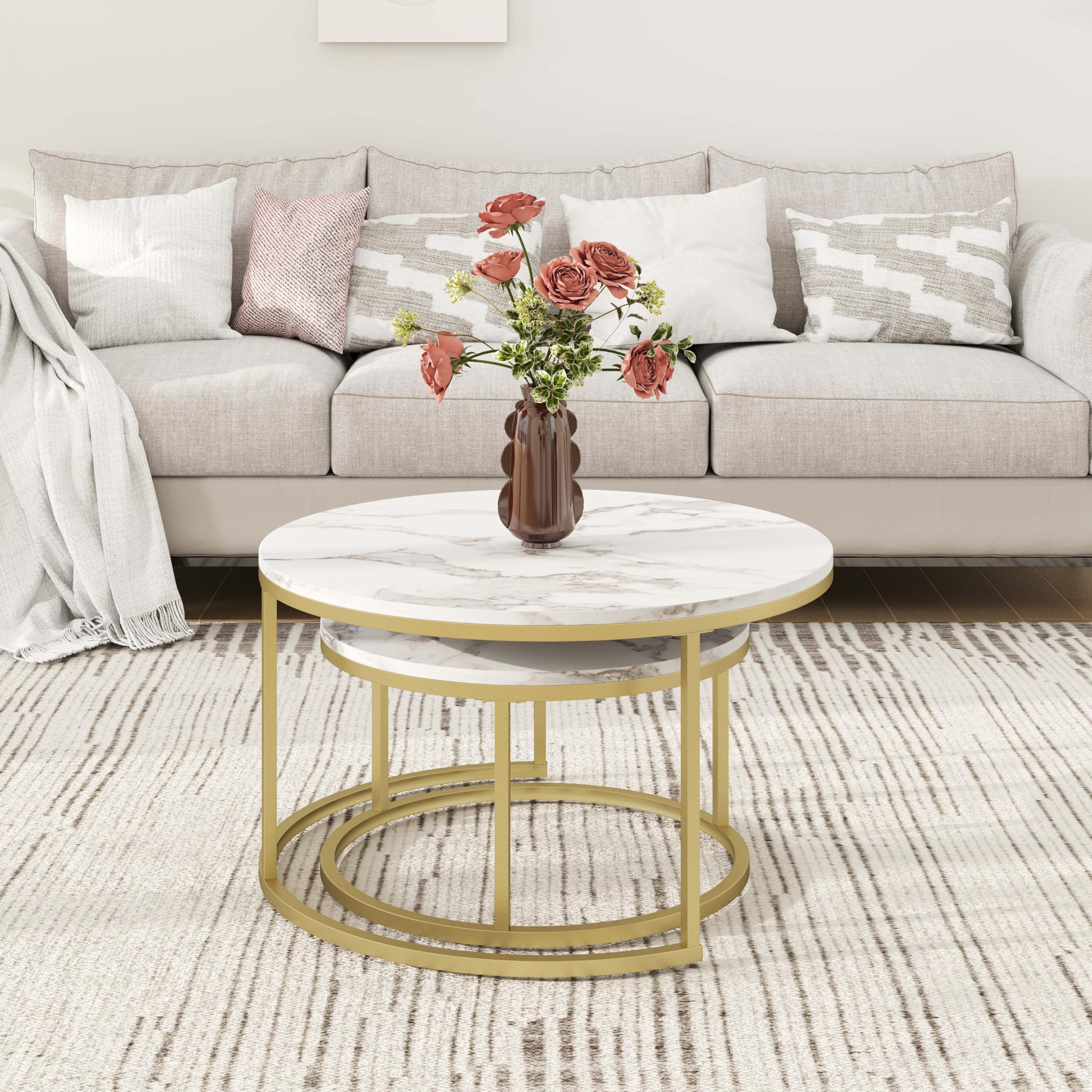 hitsuki Juego de 2 Mesas de Café de Mármol, 80 cm Mesa de Salón Moderna Blanca de Estructura de Metal, Mesas Nido de Salón Redondas Dorado y Blanca, 80D x 80W x 45H cm