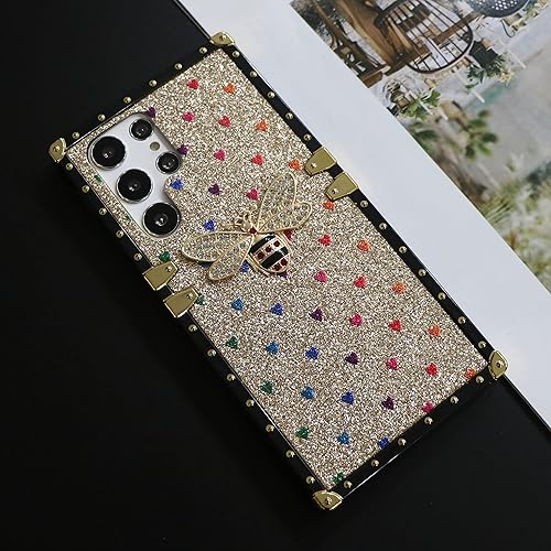 Miniatura 3 de Compatible con Samsung Galaxy S22 Ultra 5G, borde cuadrado, tronco lindo de abeja con purpurina para mujer, funda rectangular de lujo para teléfono,