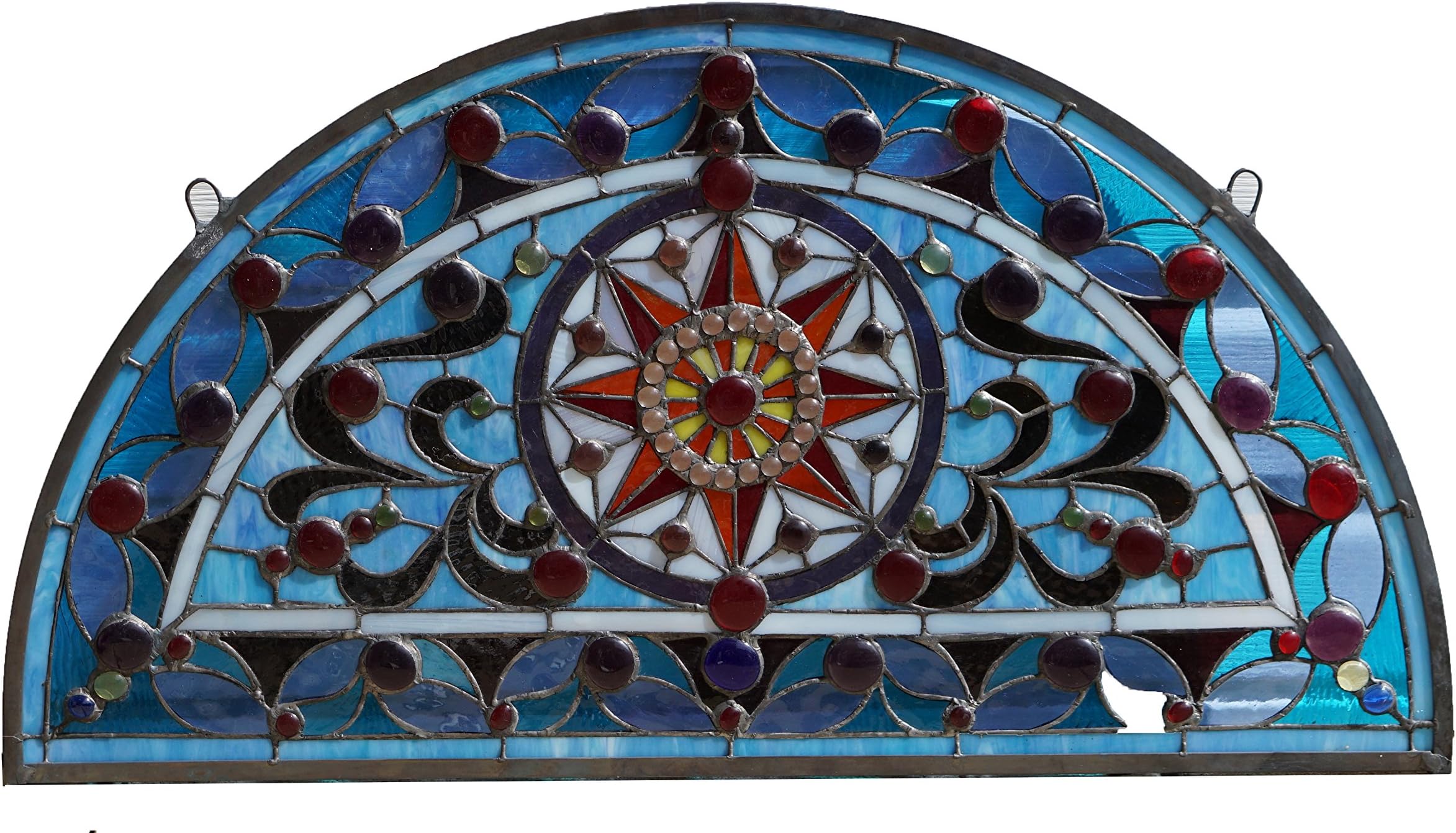 34" L x 18" H Half Round Tiffany Style Stained Glass Window Jeweled Glass Panel