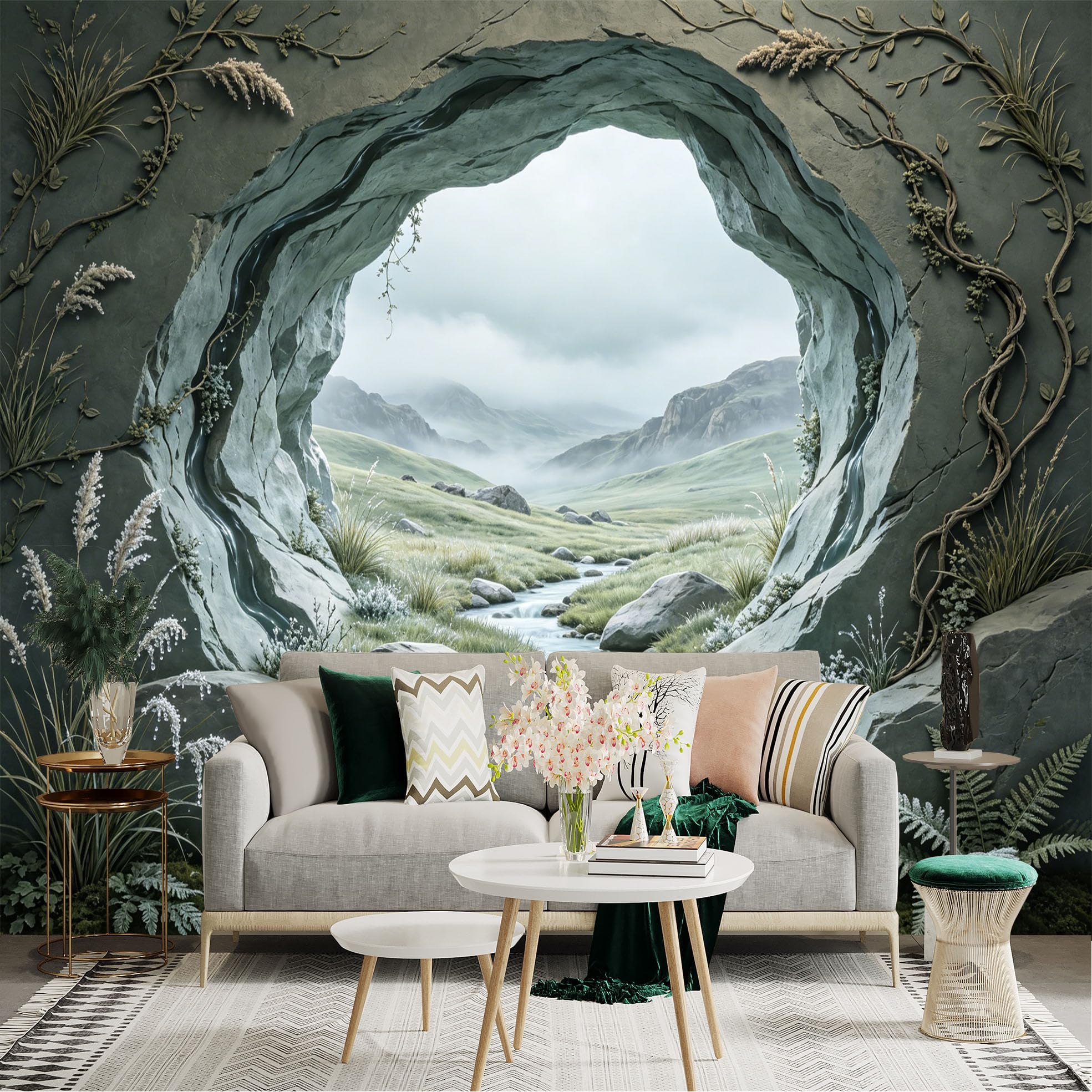 Custom Size Wall Sticker Mural， Cave View with Flowing Stream， Mountains and Misty Valley， for wall Decoration， peelandstick wall Decals.