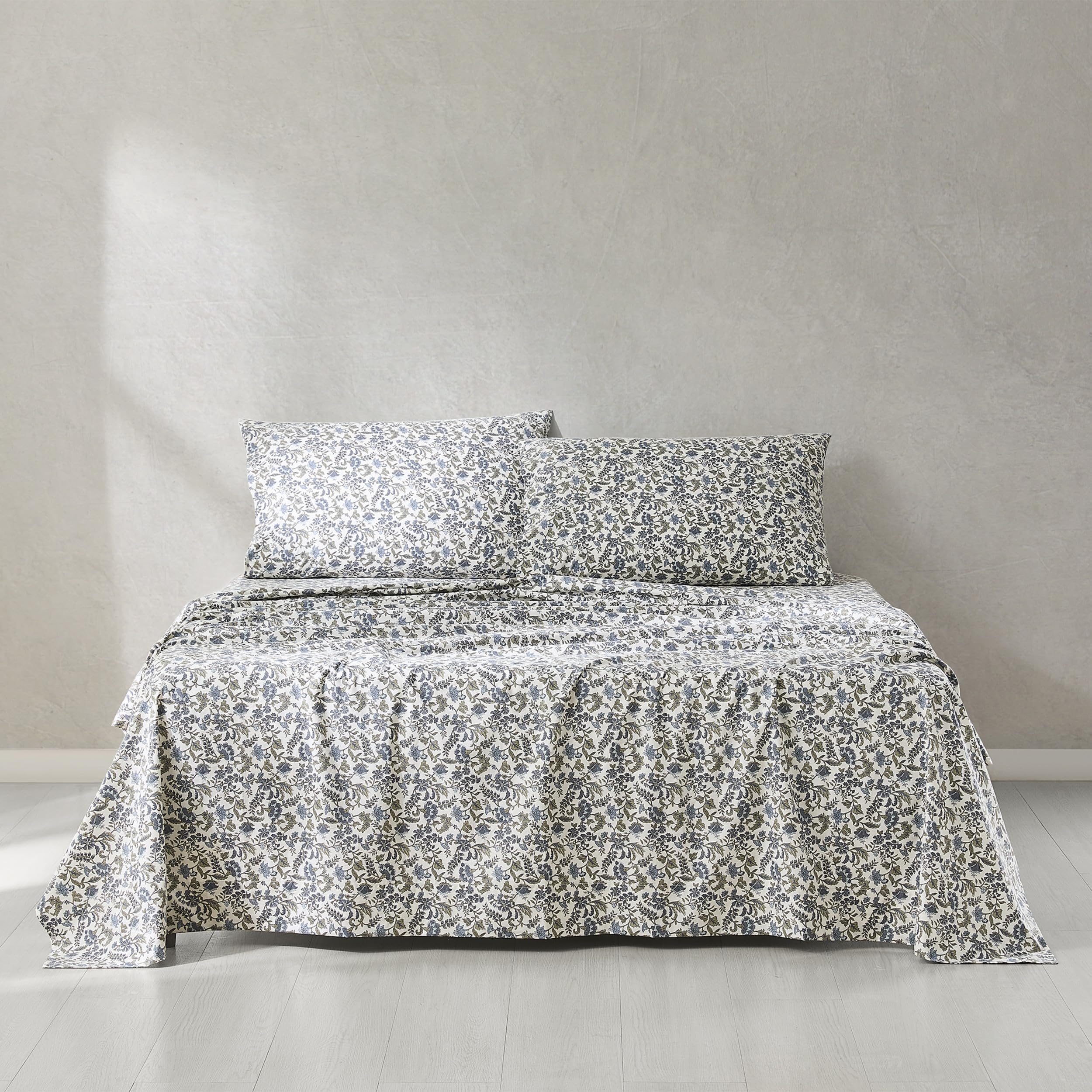 Parure de lit en coton Lillian style vintage chic et imprimé botanique bleu