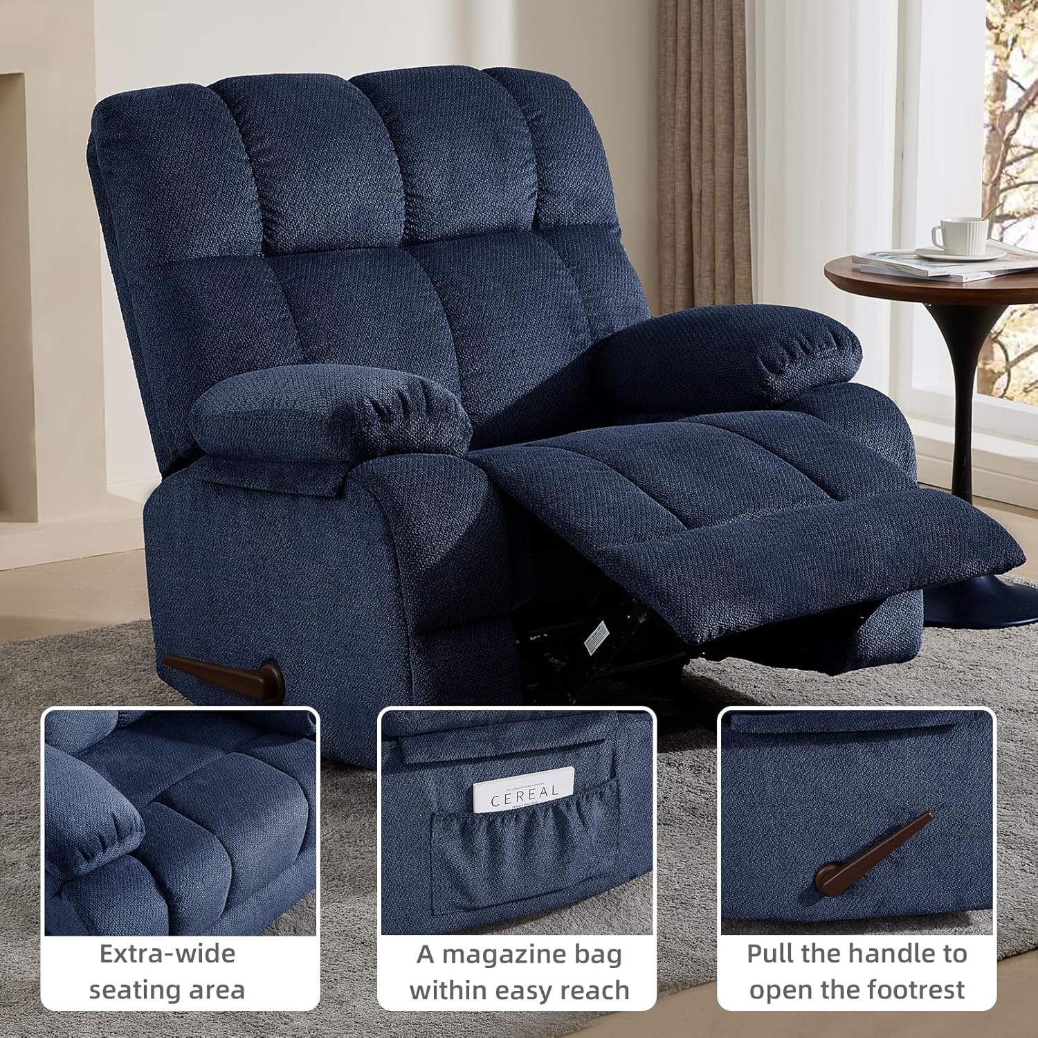 Oversized Rocker Recliner Chair, Overstuffed Extra Wide Manual Rocking Recliner, Adults Chair for Big Man, Nursery Reclining Sofa Chairs for Living Room, Blue