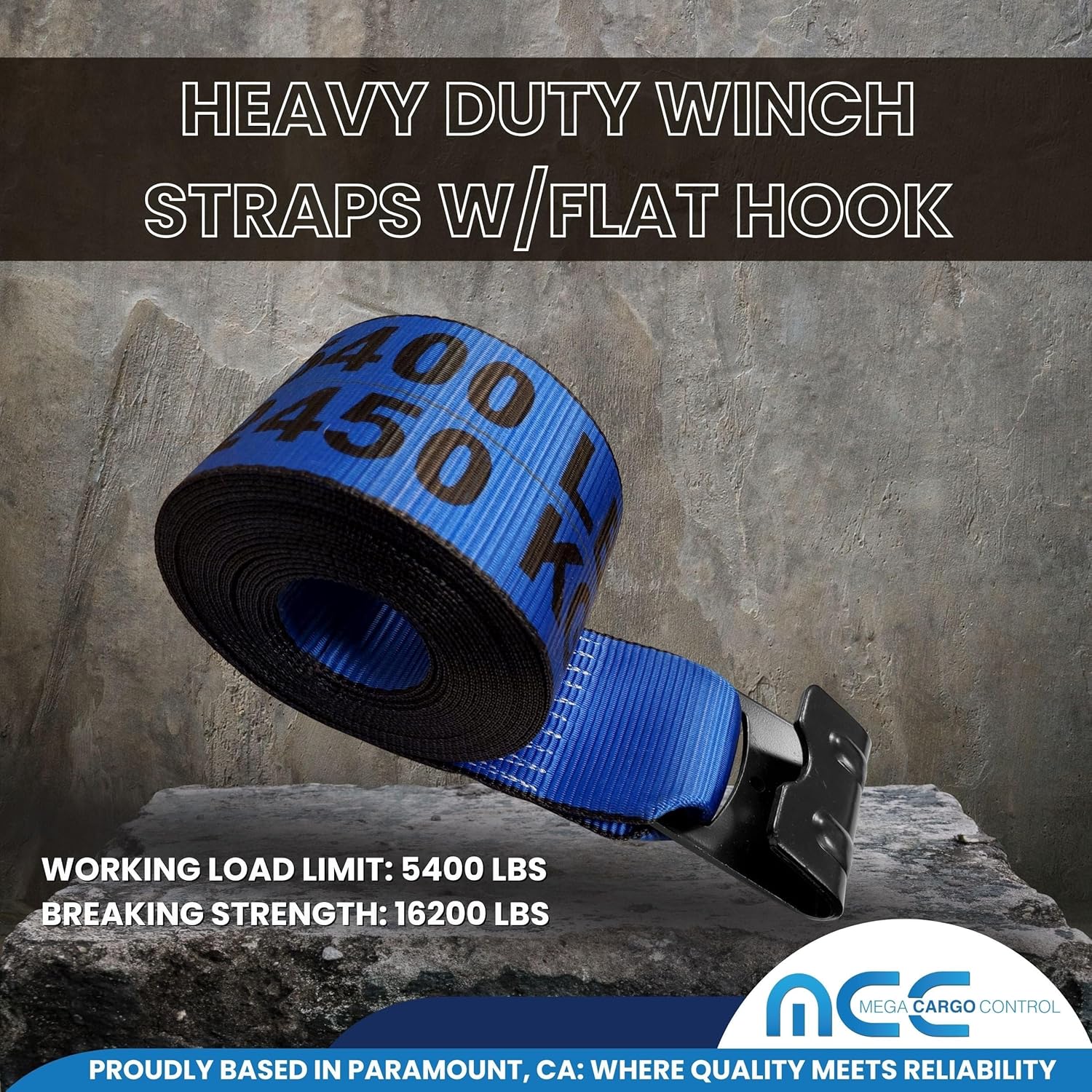 Mega Cargo control (Pack of 4) Blue Tie Down Straps, 4" x 50' Heavy Duty Tie-Down Winch Strap with Flat Hooks, for Flat Bed, Truck, Farm, Utility Trailers