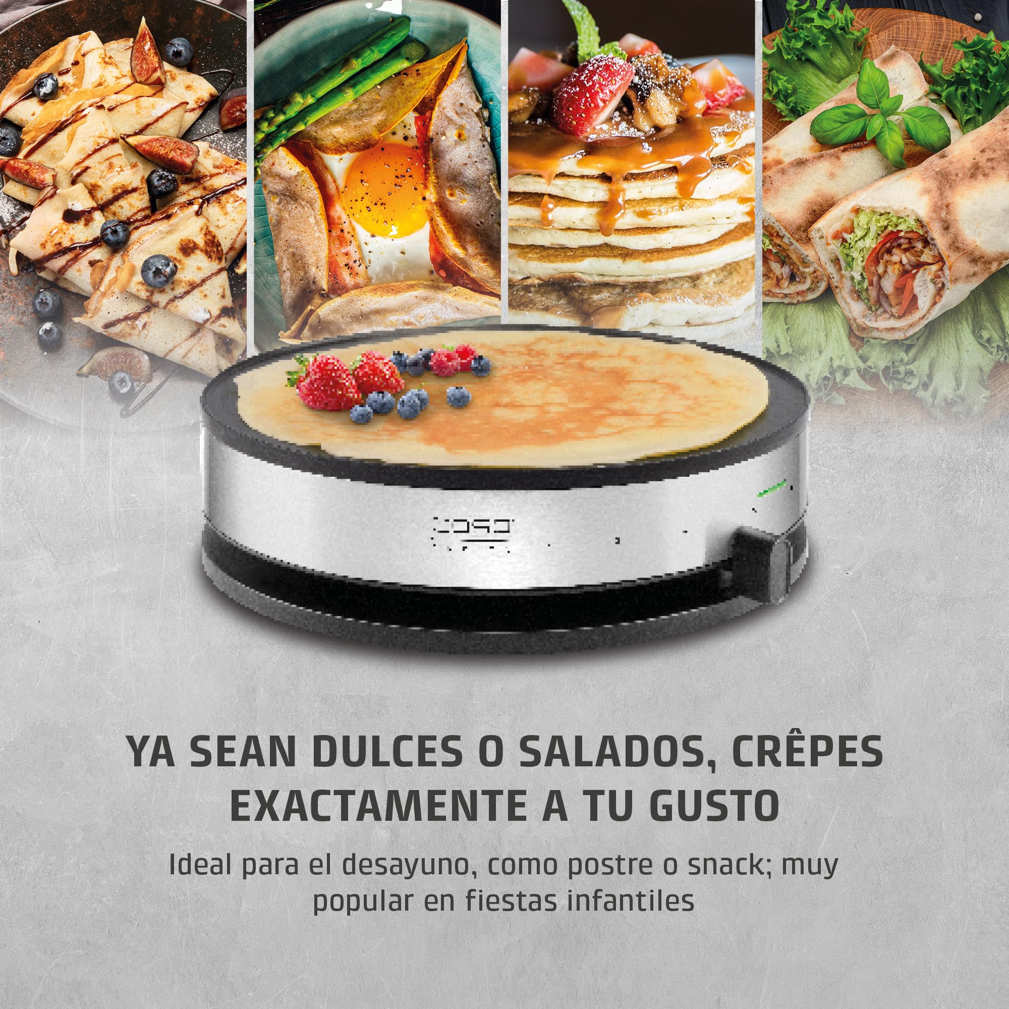 CASO CM 1300 - Crepera electrica con 1300W, Revestimiento antiadherente, Potencia regulable, 33 cm diámetro para crepes extragrandes, Incluye distribuidor de masa y espátula, acero inoxidable