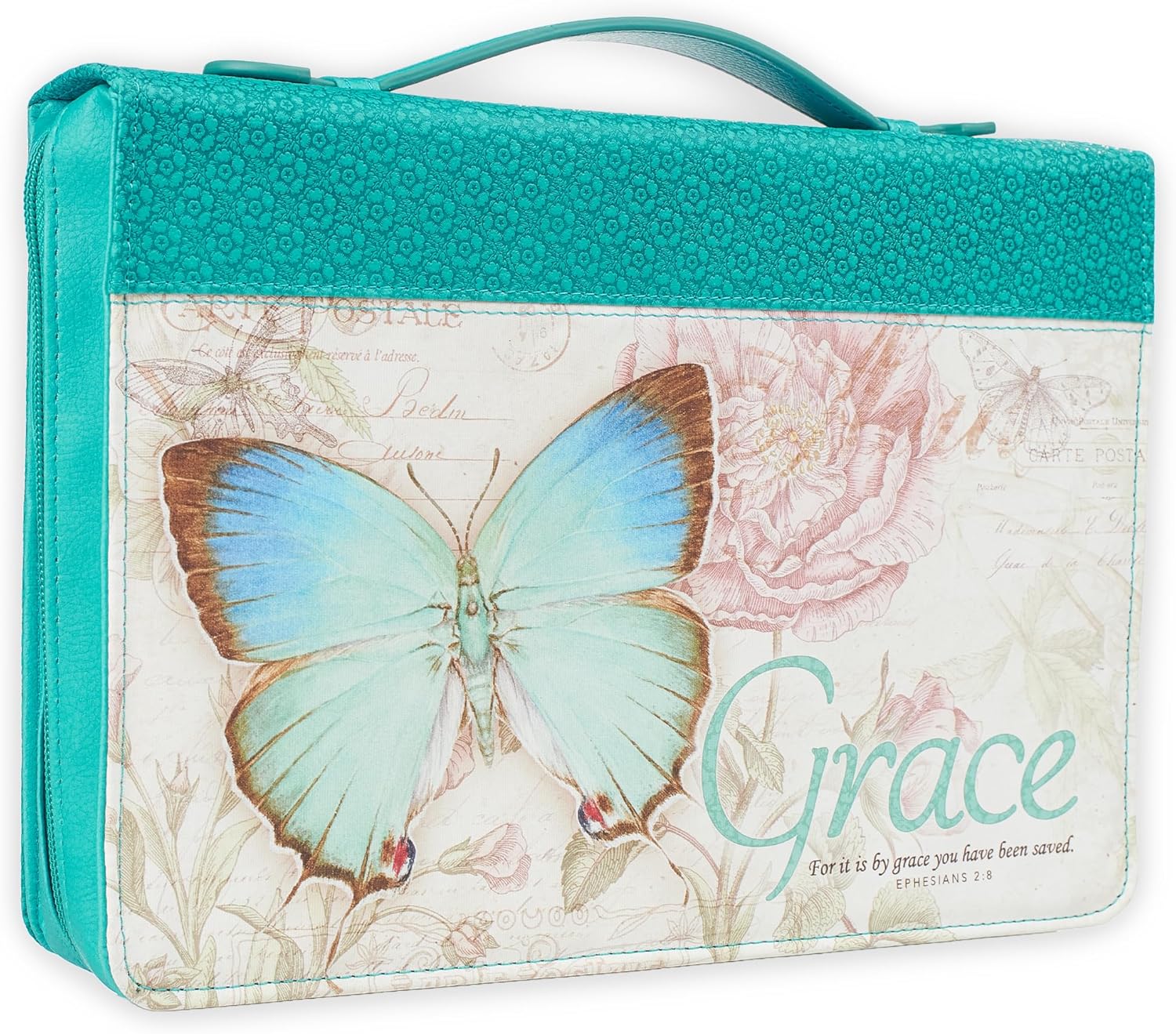 Christian Art Gifts Women's Fashion Bible Cover Grace Butterfly Ephesians 2:8, Teal Floral Faux Leather, Large