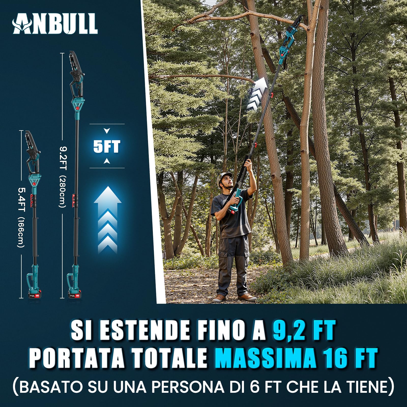 Anbull 2 in 1 8 Pollici Motosega a Batteria con Asta Telescopica | Motosega Telescopica 1200w Senza Spazzole con 2x4000mAh Batterie, Portata Massima 4,8 m, Ideale per Potatura e Taglio Ram