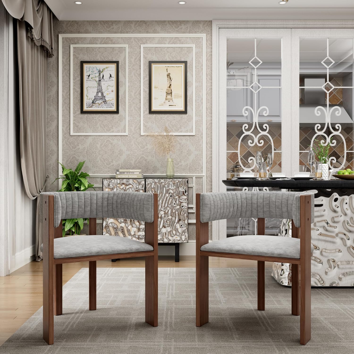 Clihome Dining Chairs Set of 2, Wooden Dining Room Chairs with Curved Backrest and Armrest, Mid Century Modern Kitchen Chairs Upholstered Fabric Chairs, Gray