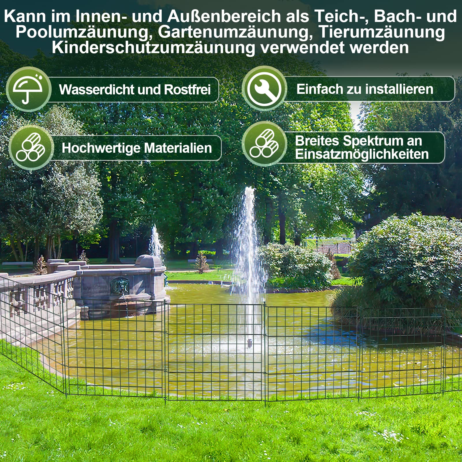 Herrselsam Set di 5 recinzioni da giardino in metallo con 11 elementi di recinzione, 5 elementi di recinzione e 6 barre di fissaggio, recinzione in metallo, lunghezza 3,75 m (dritto, verde)