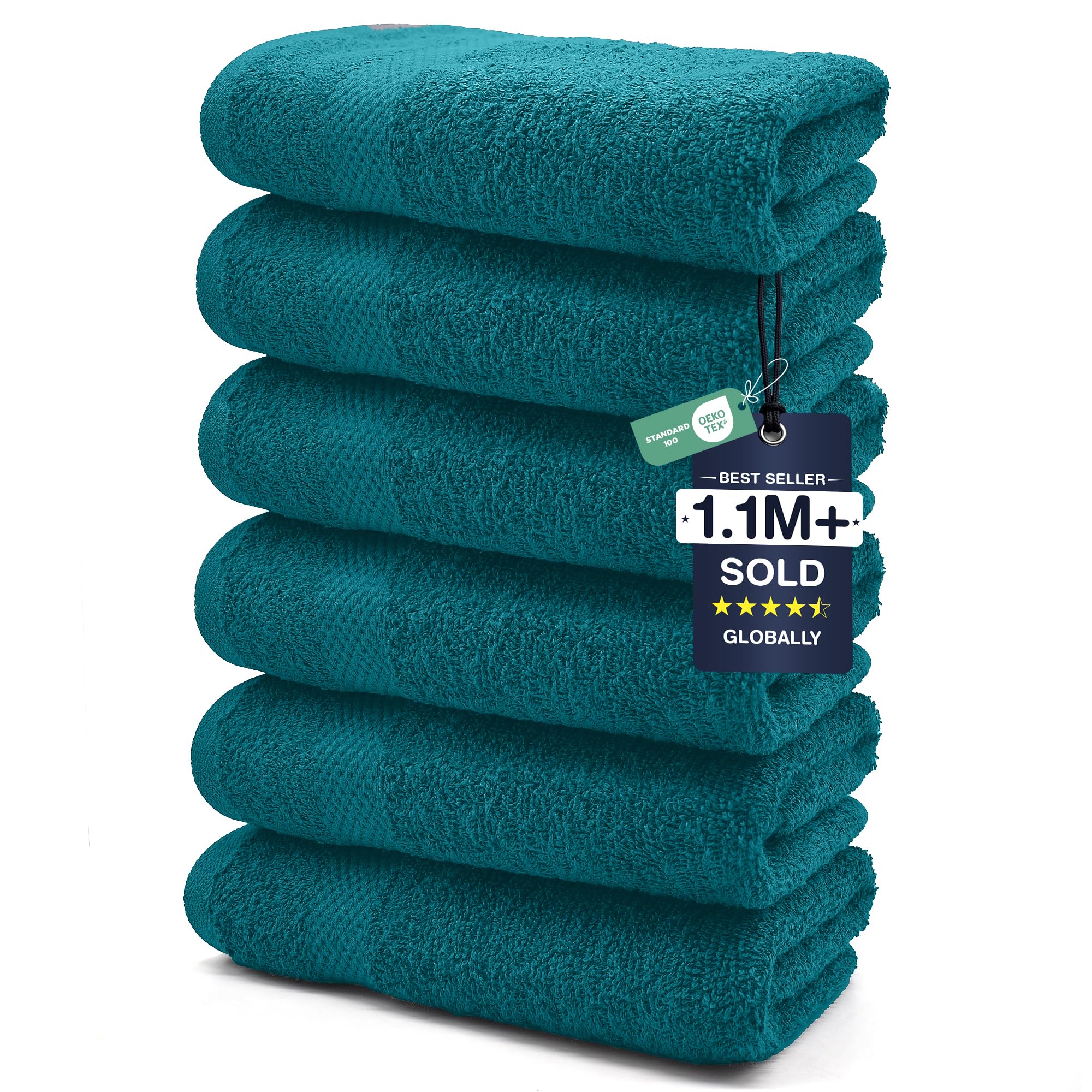 DAN RIVER 6-Pack Premium Hand Towels (16x28 Inches) - 100% Cotton, Ultra Soft, Lightweight, Highly Absorbent Towels for Bathroom, Spa, Gym, Salon, Hotel, and Travel - Teal