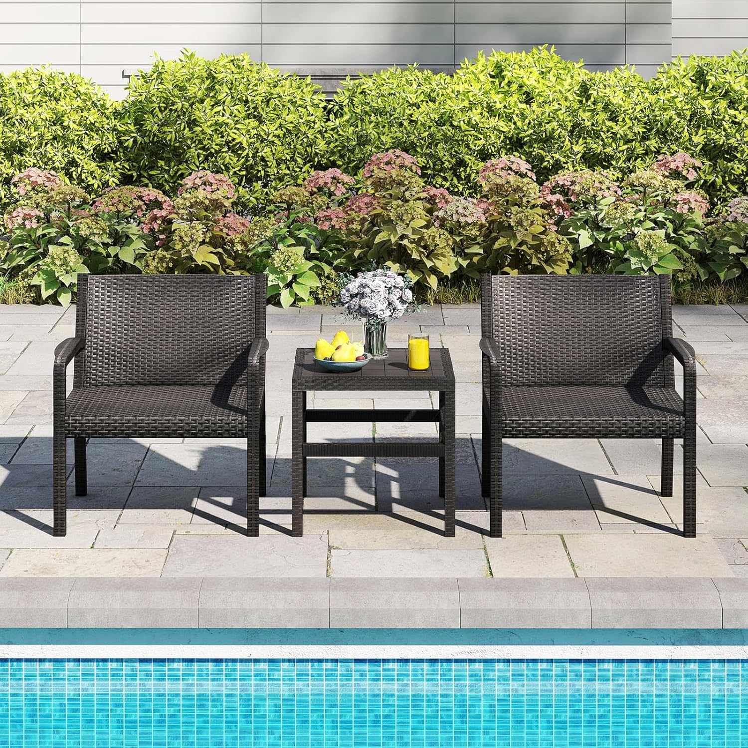 Tangkula 3 Piece Patio Furniture Set, Outdoor Wikcer Conversation Set with 2 Rattan Armchair & 25" Square Side Table, for Patio, Garden, Poolside, Bistro (Black)