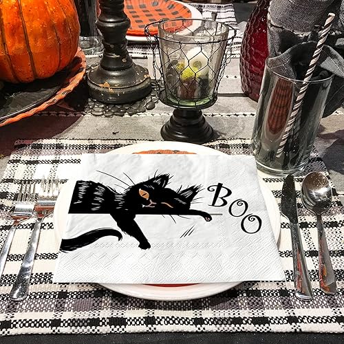 Miniatura 5 de AnyDesign Paquete de 80 servilletas de papel desechables de Halloween, servilletas de almuerzo de gato negro, servilletas decorativas para postre y