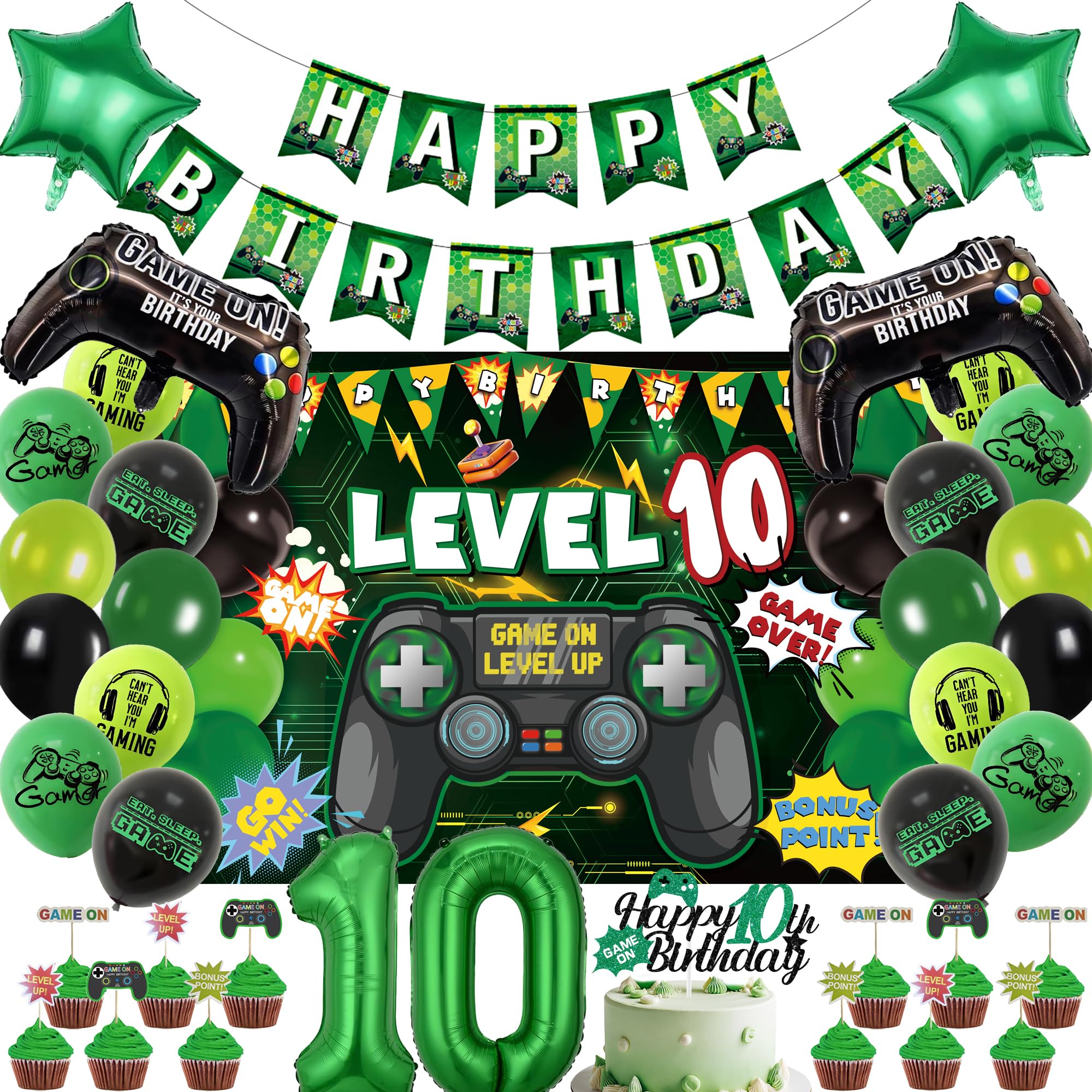 10th Gaming Birthday Decorations Boy - 39 Pcs Green Happy Birthday Banners Double Digits Foil Balloon Game Controller Backdrop Cake Topper for Kids 10 Years Old Boys Video Game Theme Party Supplies