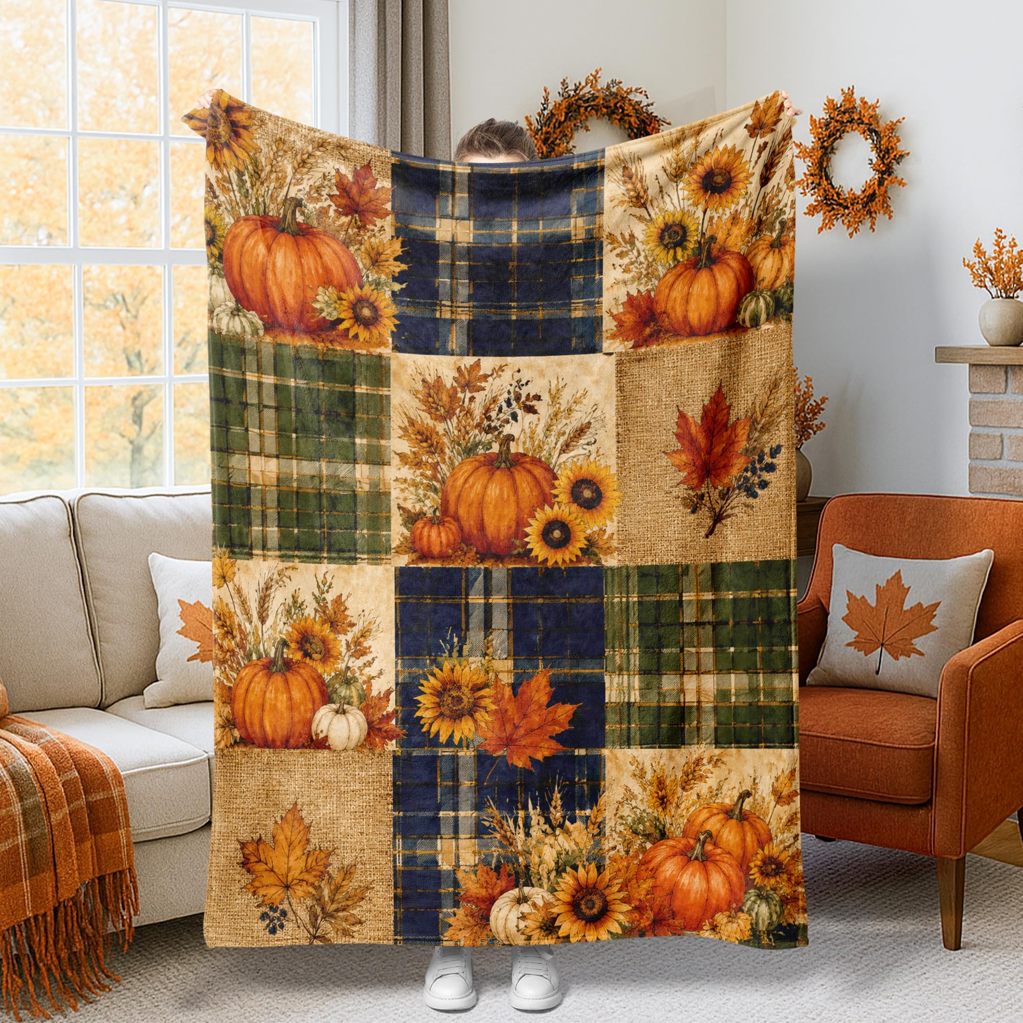 Jeté de lit peluche esthétique orange motif automne haut de gamme
