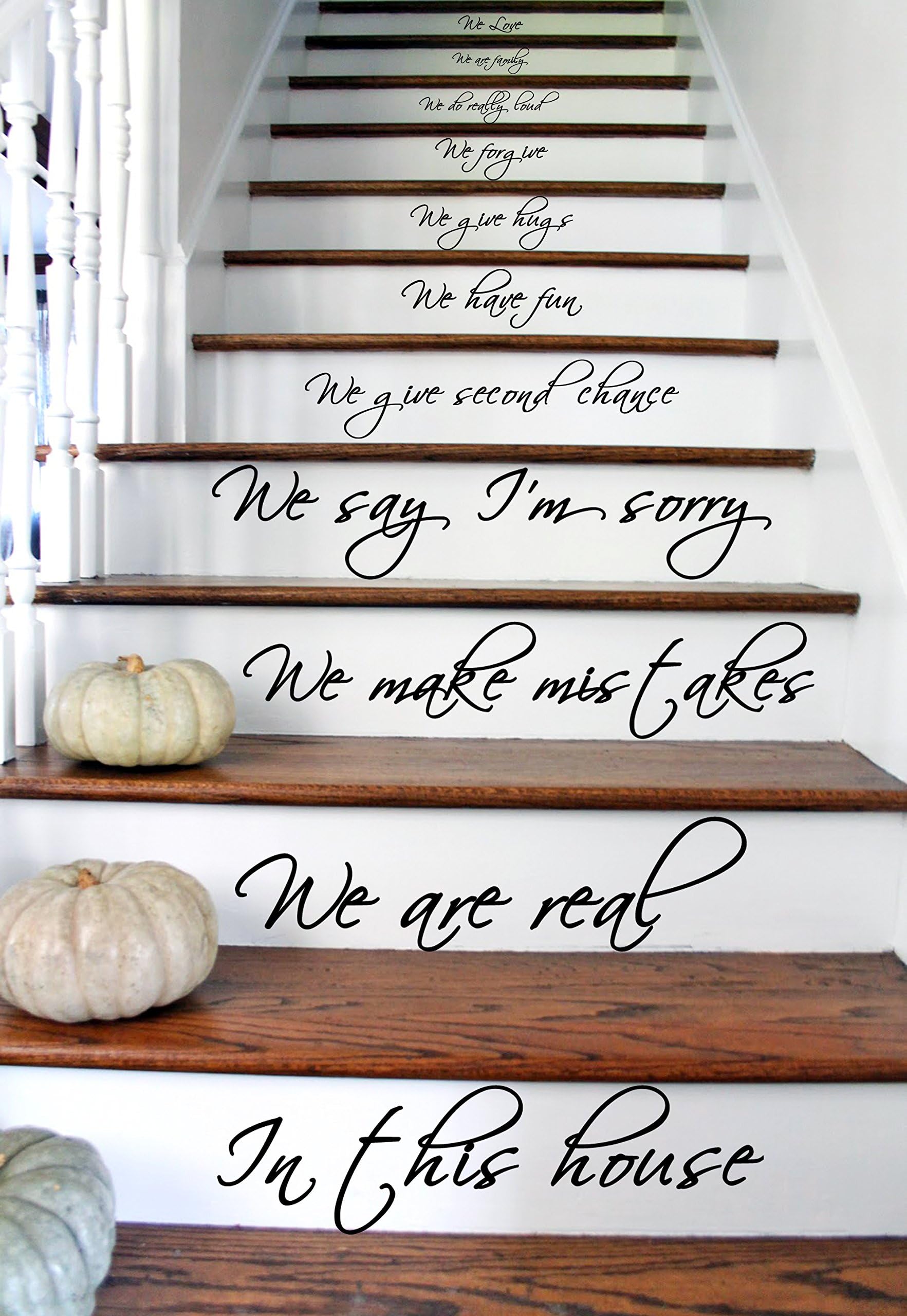 (26" X 47") Vinyl Stairs Decal Quote in This House We Are Family We Love Do / Inspirational Text Wall Art Decor Home Sticker + Free Random Decal Gift