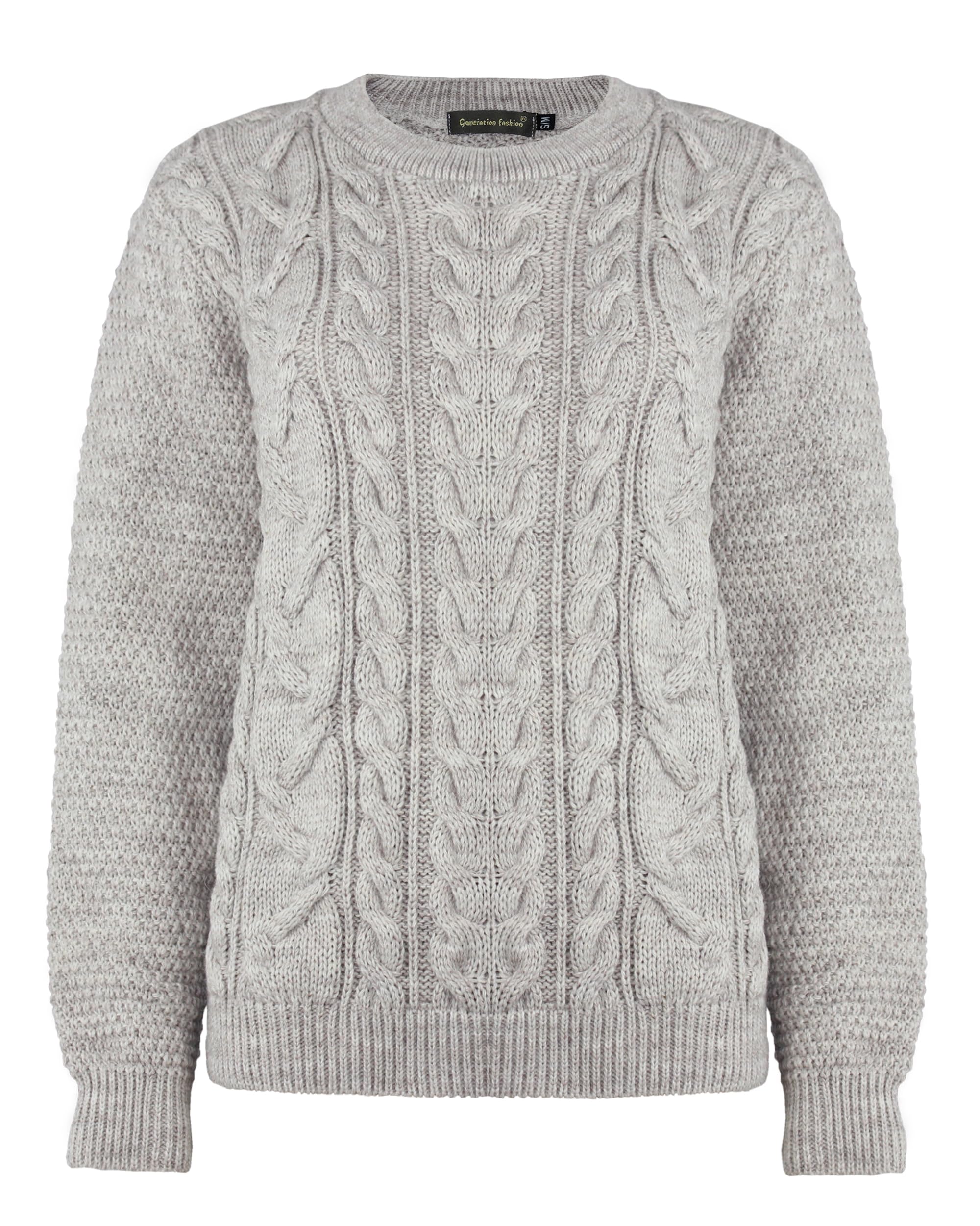 Generation Fashion New Women Ladies Knitted Long Sleeve Chunky Cable Knit Sweater Knitwear Jumper Top Pullover Crew Neck [Stone-Off White,LXL]