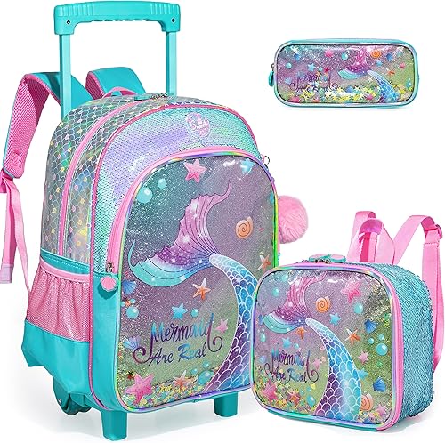 Egchescebo Mochila de viaje para niños con ruedas transparentes para niñas, Blue-MRY, Mochilas tipo mochila
